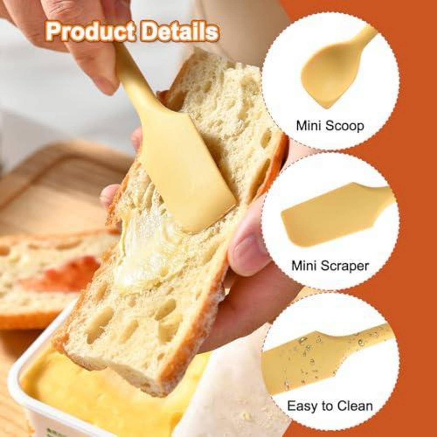 Mini gelber Verteiler kratzt Butter oder Marmelade auf Brot; das Produktdetailetikett nennt es „Mini-Schaufel
