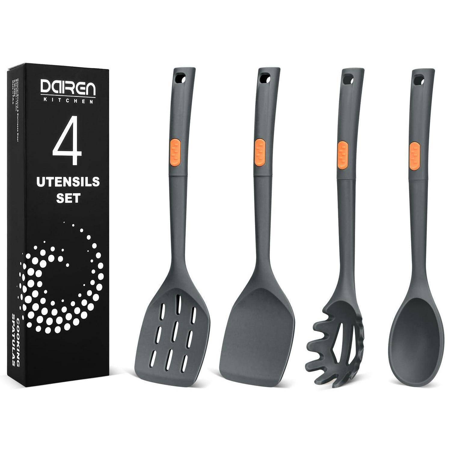 Produktbild eines 4-teiligen grauen Küchenutensil-Sets mit einer schwarzen 'DAREN KITCHEN' Box, das einen Pfannenwender mit Schlitzen, einen Spatel, einen Pastalöffel und einen Löffel zeigt.