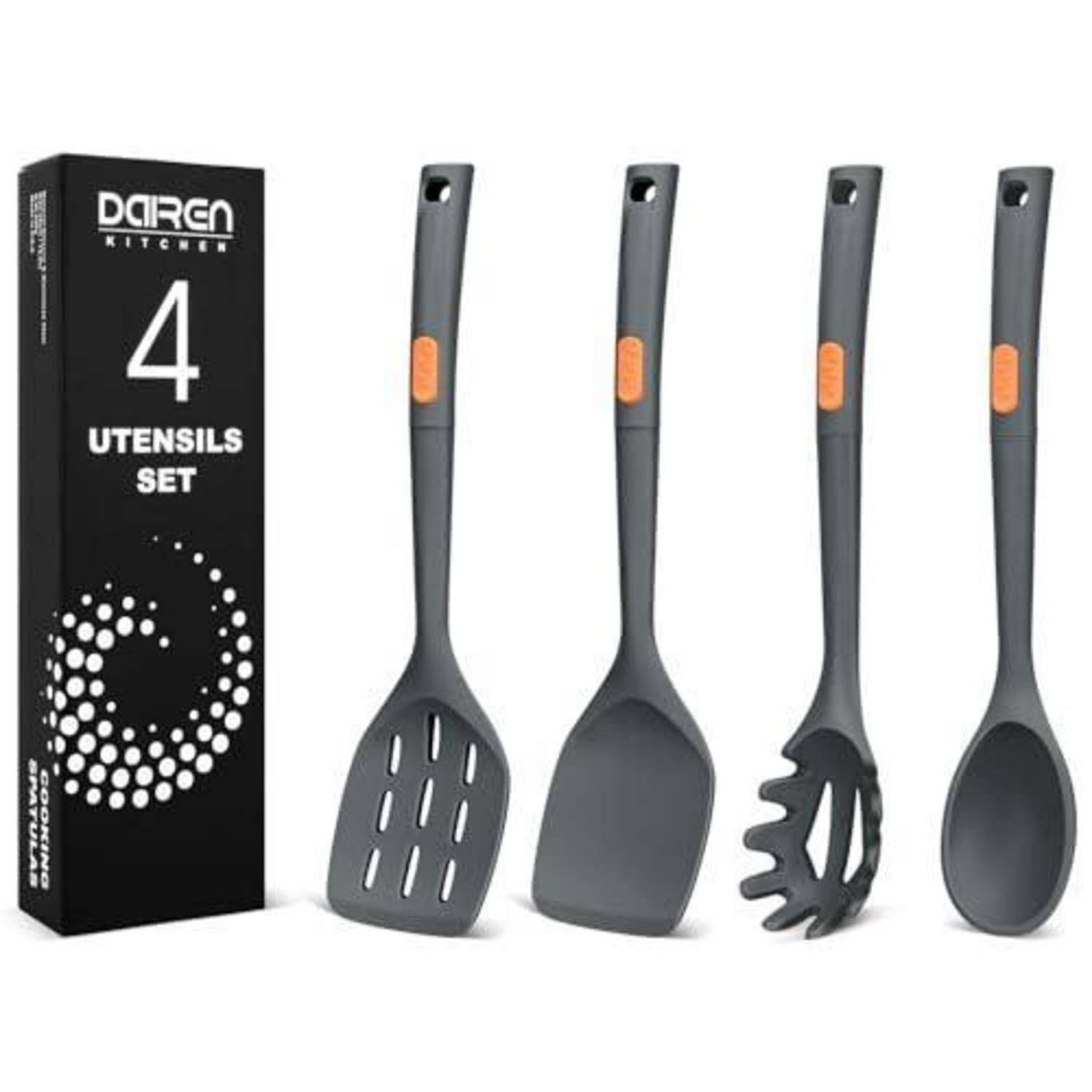 Dairn Küchen 4-teiliges Utensil-Set mit schwarzem Spatel, Löffel, Pastalierer und Schaumkelle neben der Produktverpackung.