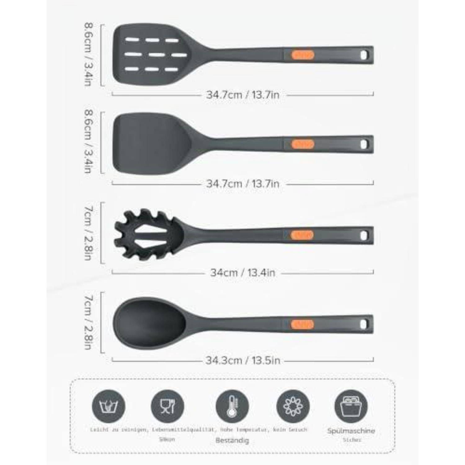 Produktvergleichsbild von vier schwarzen Küchenutensilien mit orangenen Akzenten, das Größen von etwa 34–35 cm zeigt und Symbole für Verwendungen wie Heben, Rühren, Hitzebeständigkeit und Spülmaschinenfestigkeit anzeigt.
