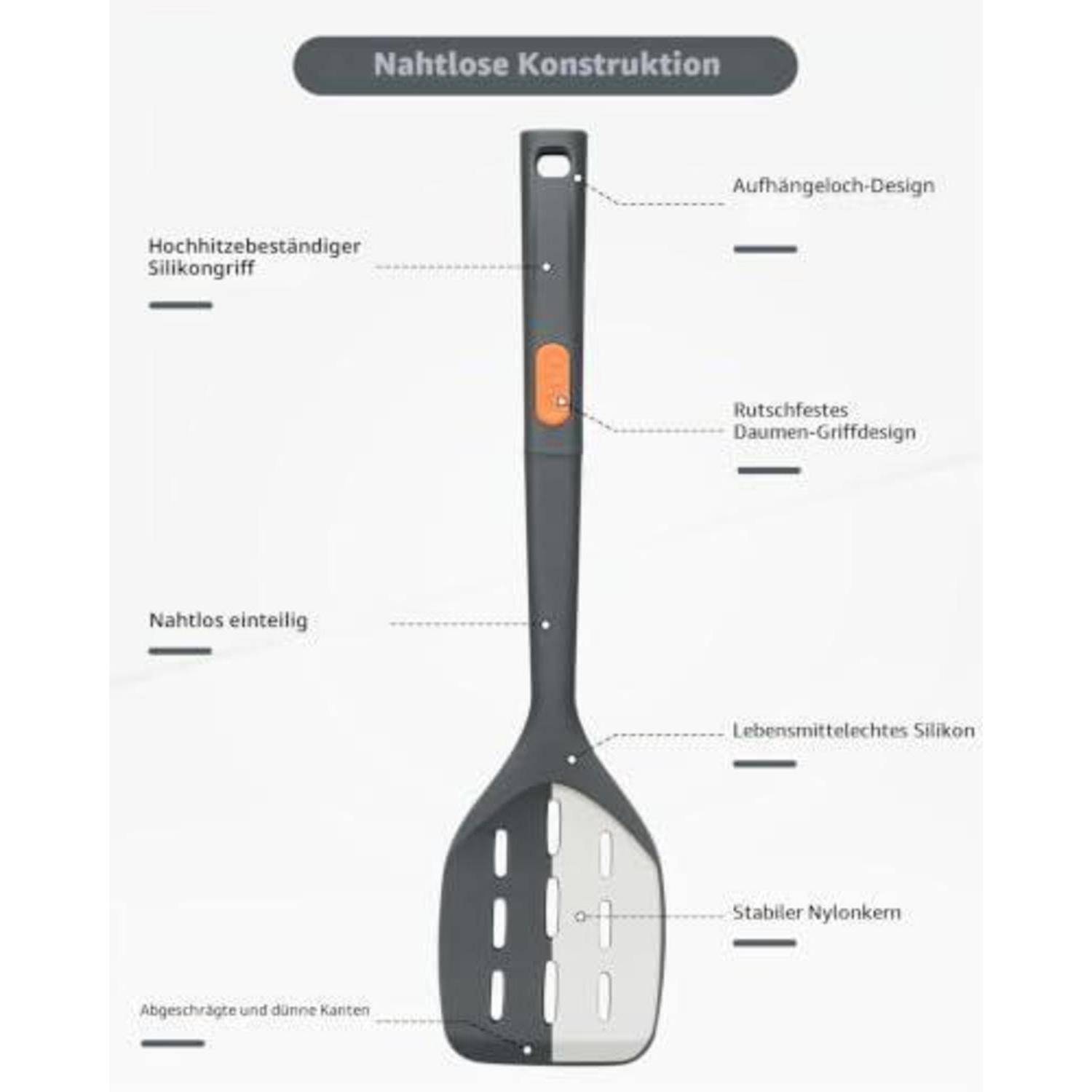 Beschriftetes Bild einer geschlitzten Silikonspachtel mit der Bezeichnung „Nahtlose Konstruktion
