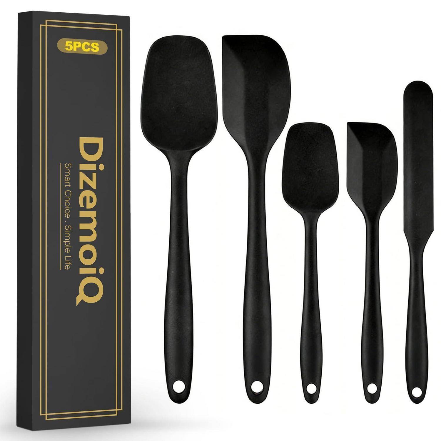 Fünf schwarze Silikon-Spatel und Verteiler neben Verpackung mit der Aufschrift „5PCS