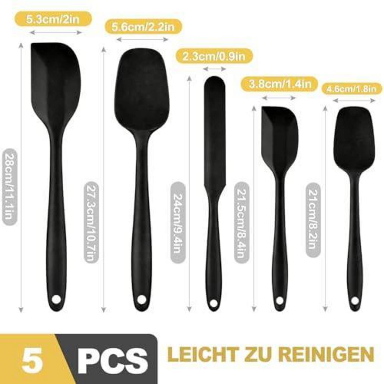 # Satz aus 5 schwarzen Silikon-Spachteln/Löffeln mit Größenmessungen; Text sagt '5 PCS' und 'LEICHT ZU REINIGEN' (leicht zu reinigen).