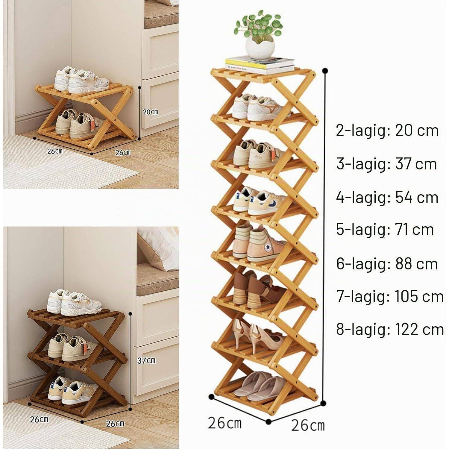 Illustriertes Schuhregal zum Zusammenfalten mit verstellbaren 2- bis 8-Ebenen-Optionen; jedes Regal ist 26 x 26 cm groß und die Höhe reicht von 20 cm bis 122 cm.