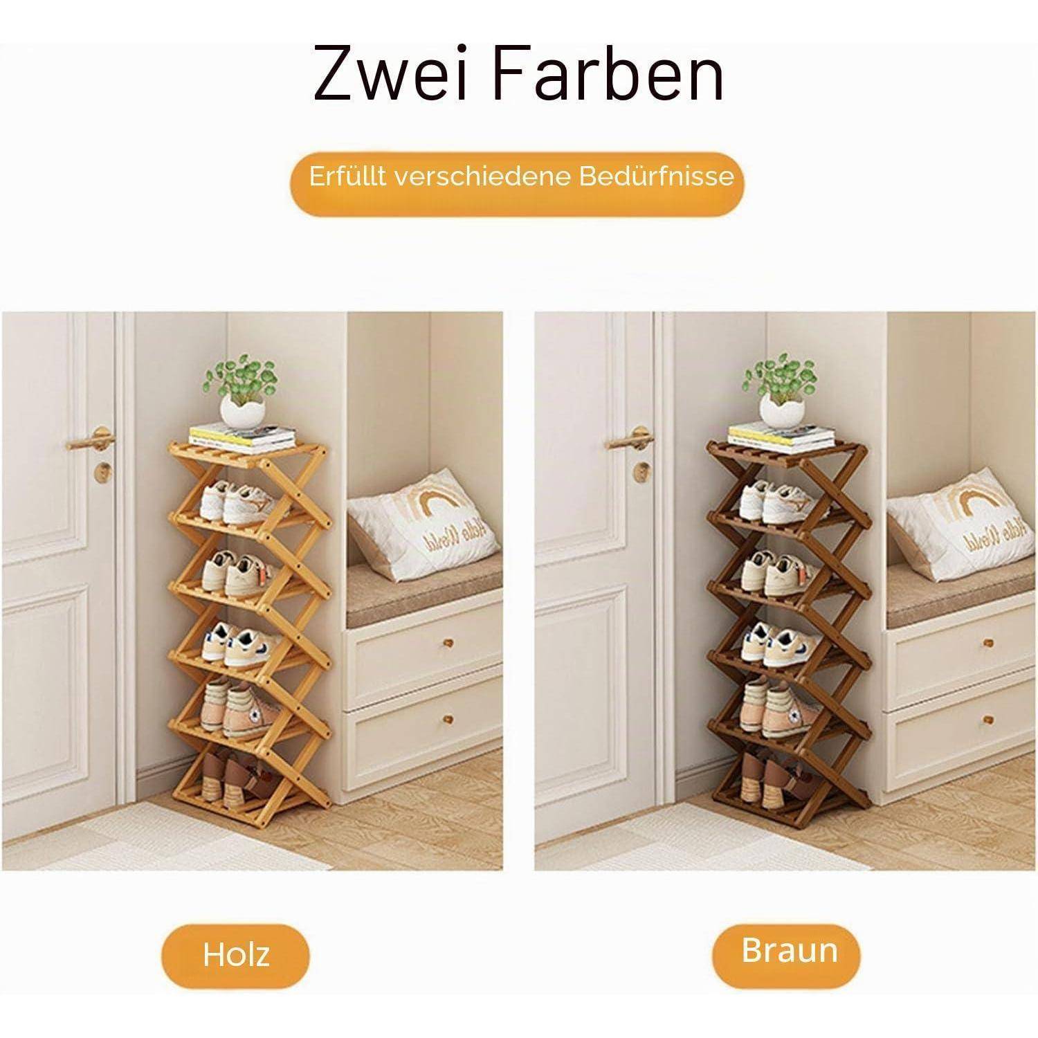 Vergleichsbild, das ein faltbares Schuhregal in zwei Farben zeigt: 'Holz' und 'Braun', mit dem Titel 'Zwei Farben' und dem Text 'Erfüllt verschiedene Bedürfnisse'.