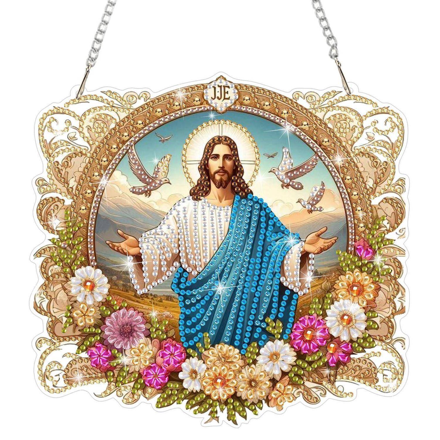 Verziertes hängendes religiöses Wandschild, das Jesus mit Heiligenschein, ausgebreiteten Armen, Tauben und Blumen in einem dekorativen Goldrahmen darstellt.