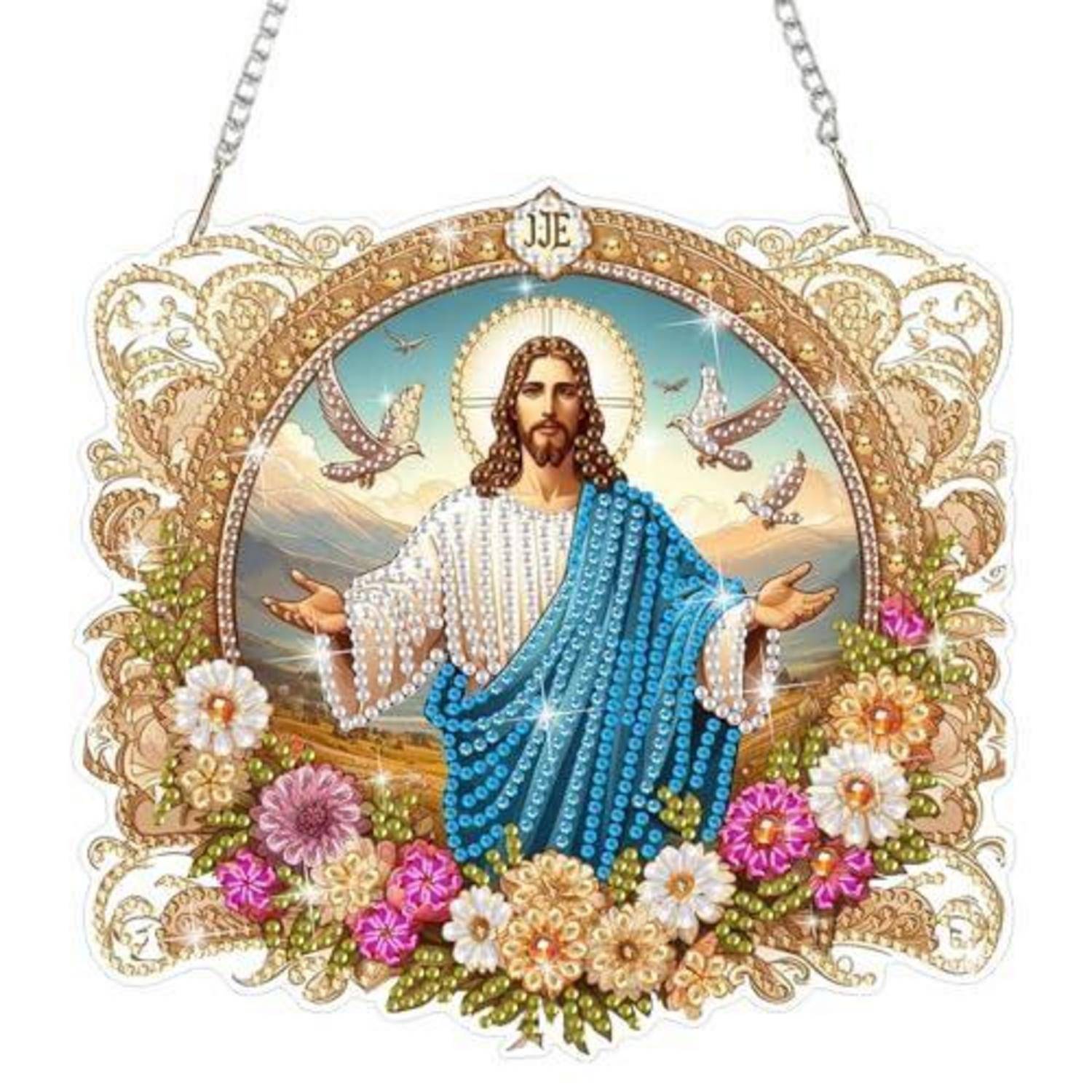 Dekoratives hängendes religiöses Andachtsbild von Jesus mit ausgebreiteten Armen, Heiligenschein, Tauben und Blumen, in einem kunstvoll verzierten Goldfiligranrahmen gefasst.