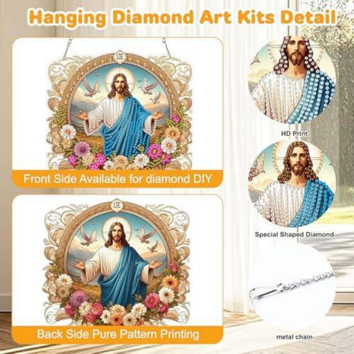 Werbegrafik für ein hängendes Diamantmalerei-Set mit Vorder- und Rückseiten-Designs von Jesus mit Blumen und Vögeln, sowie Nahaufnahmen des HD-Drucks, speziellen geformten Diamanten und einer Metallkette.