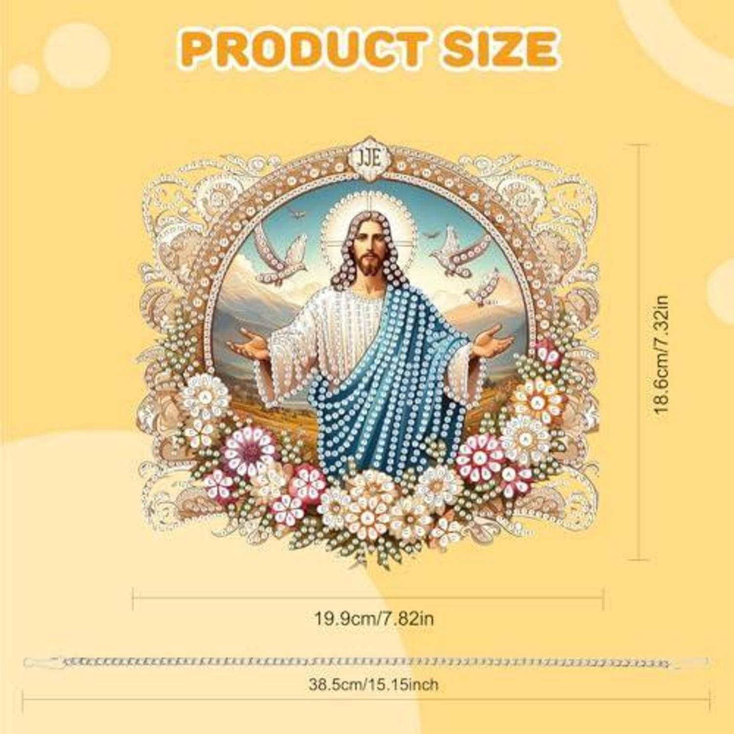 Produktgrößendiagramm mit einem dekorativen Jesusbild, 19,9 cm x 18,6 cm, mit einer Kettenlänge von 38,5 cm.