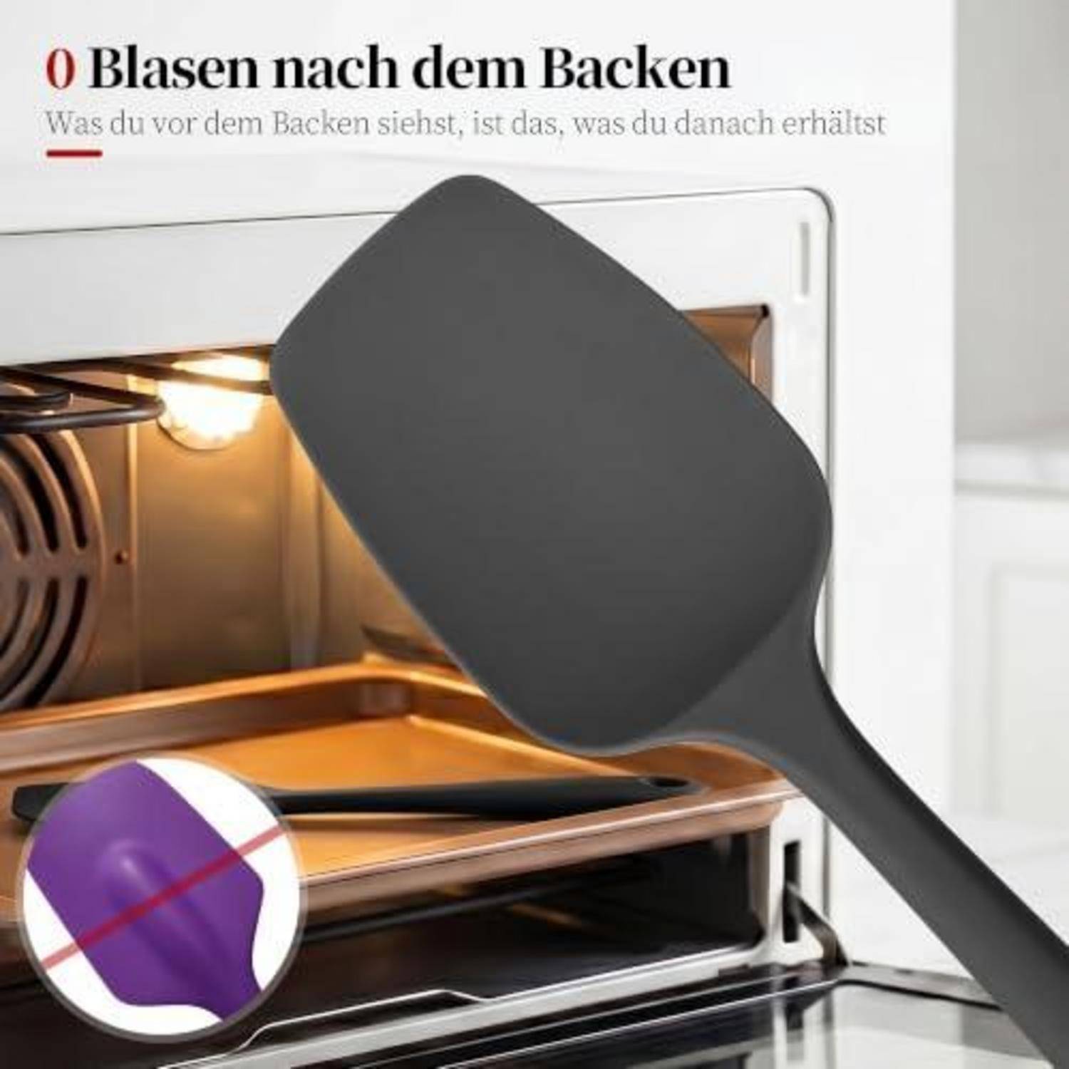 Grafik eines Spatels vor einem beleuchteten Ofen, die den deutschen Text „0 Blasen nach dem Backen