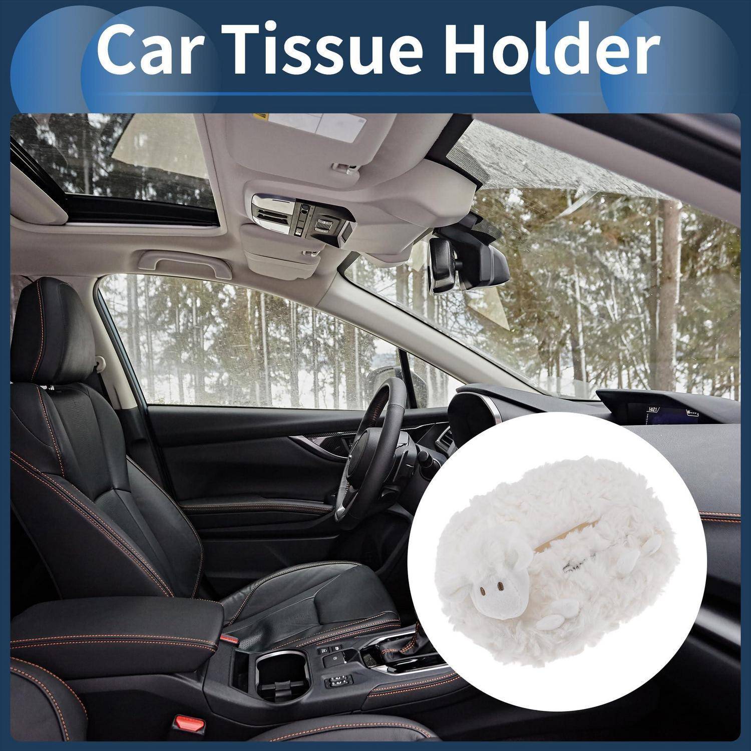 Anzeigenbild für einen "Auto-Taschentuchhalter"" mit einer weichen weißen Taschentuchhaltereinsatz in einer Autoinnenausstattung mit Schiebedach und schwarzen Sitzen.