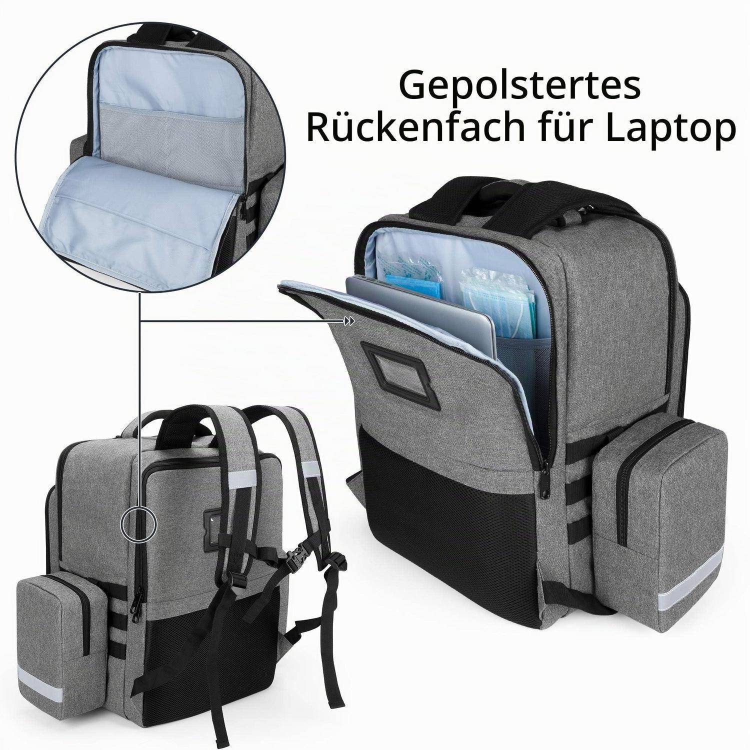 Grauer Laptop-Rucksack mit gepolstertem Rückenfach, Seitentasche und eingefügtem Bild, das das gepolsterte Innere zeigt; Text lautet „Gepolstertes Rückenfach für Laptop".