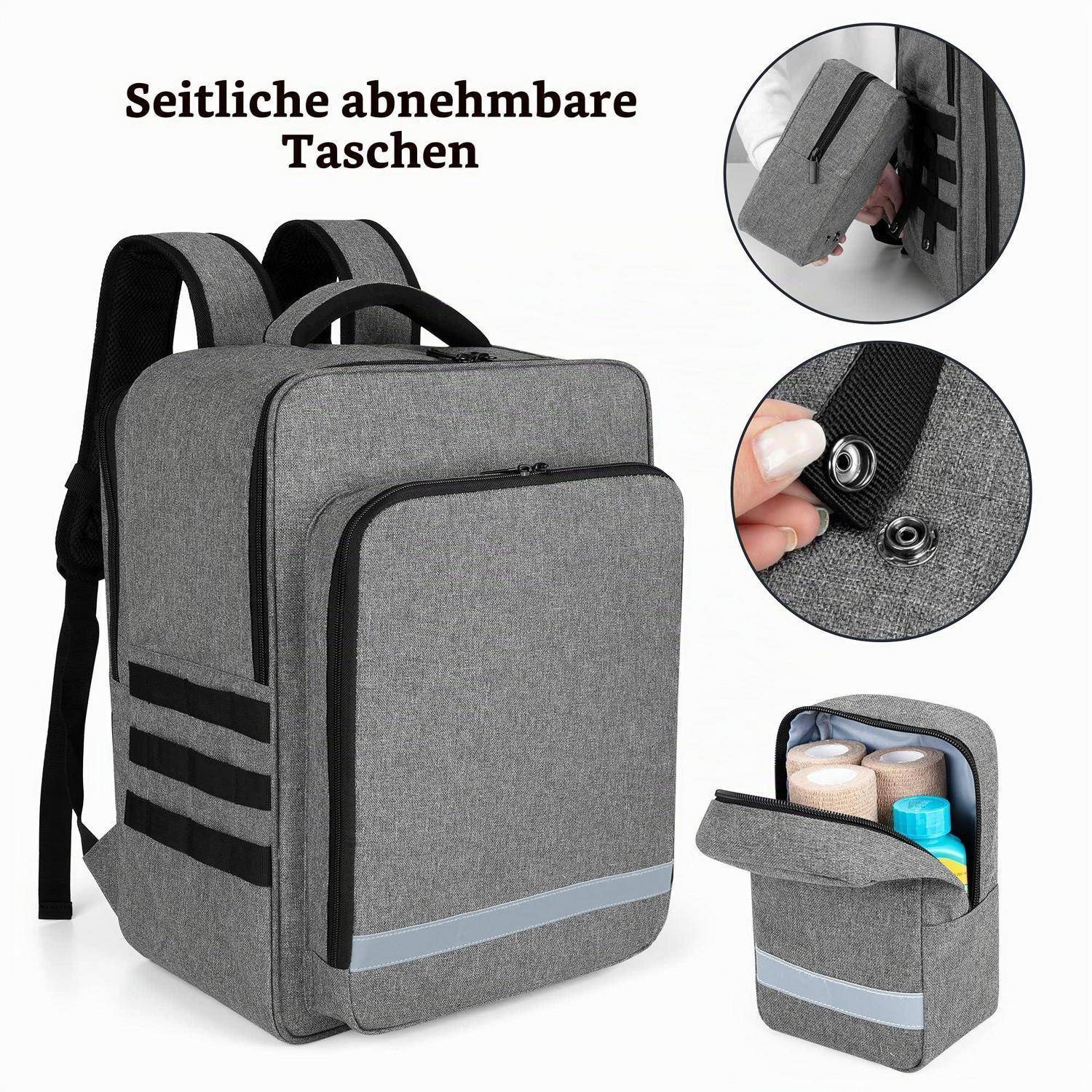 Grauer Rucksack mit abnehmbaren Seitentaschen; deutscher Text liest sich „Seitliche abnehmbare Taschen," zeigt abnehmbare Aufbewahrungsfächer und Druckknöpfe.