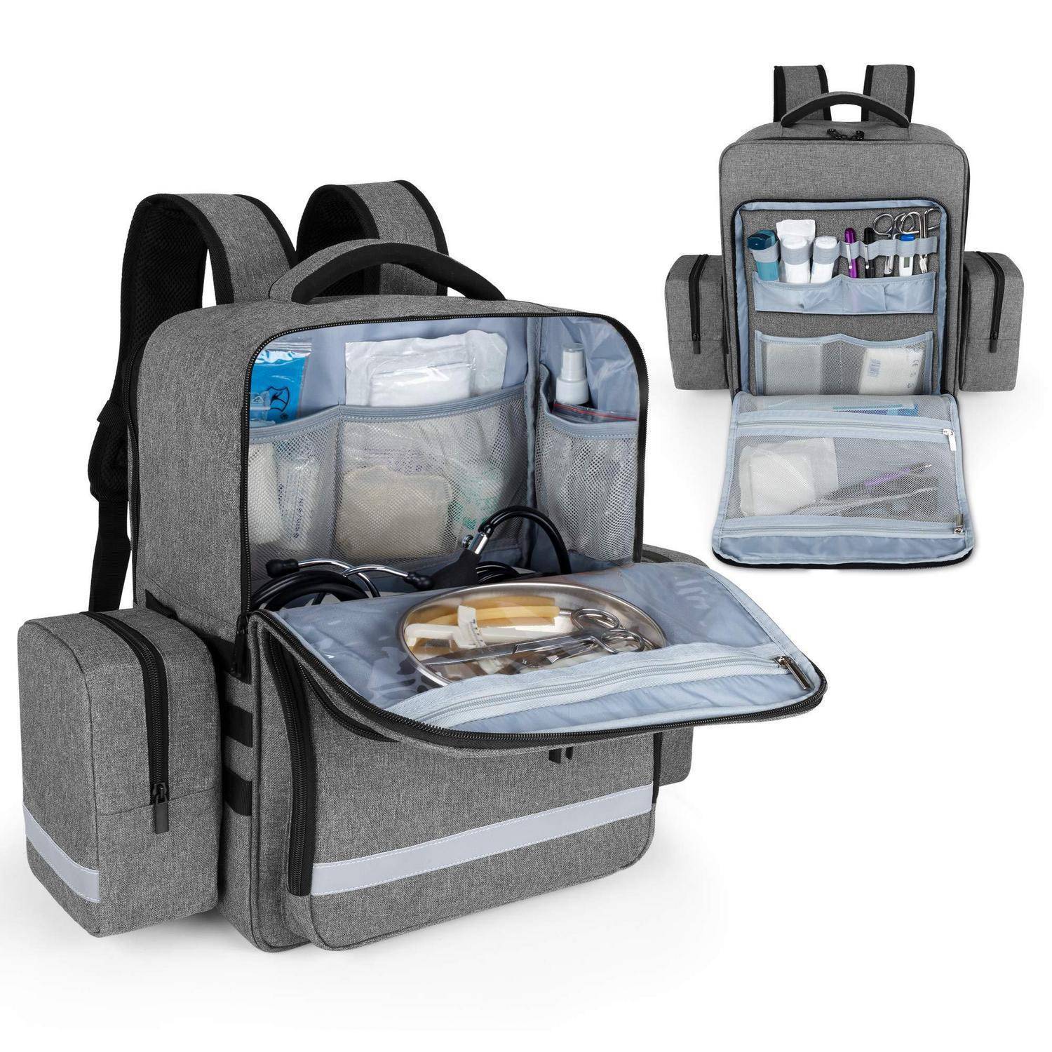 Grauer Rucksack-ähnliche Tasche mit mehreren Reißverschlussfächern und Seitentaschen, offen dargestellt, um organisierte Toilettenartikel und Kabel zu zeigen; beinhaltet eine abnehmbare passende Tasche.