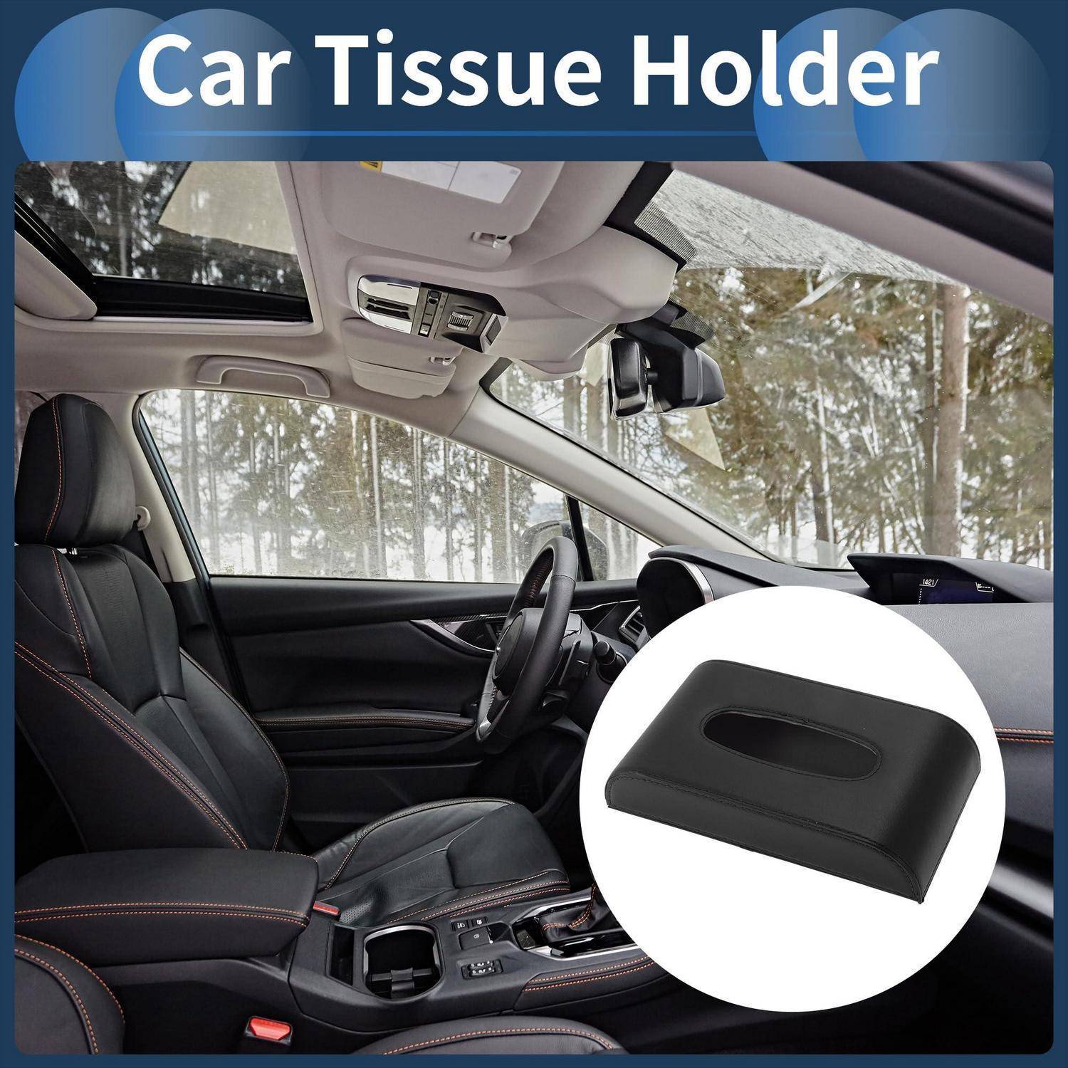 Autoinnenraum mit eingefügtem Produkt „Autotaschentuchhalter", der einen schwarzen Taschentuchhalter für das Armaturenbrett oder die Mittelkonsole zeigt.