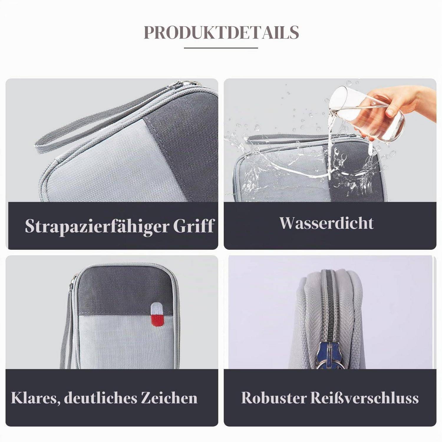 Produktdetails-Grafik mit einer Tasche mit strapazierfähigem Griff, wasserdichtem Material, klarem Etikett und robustem Reißverschluss.