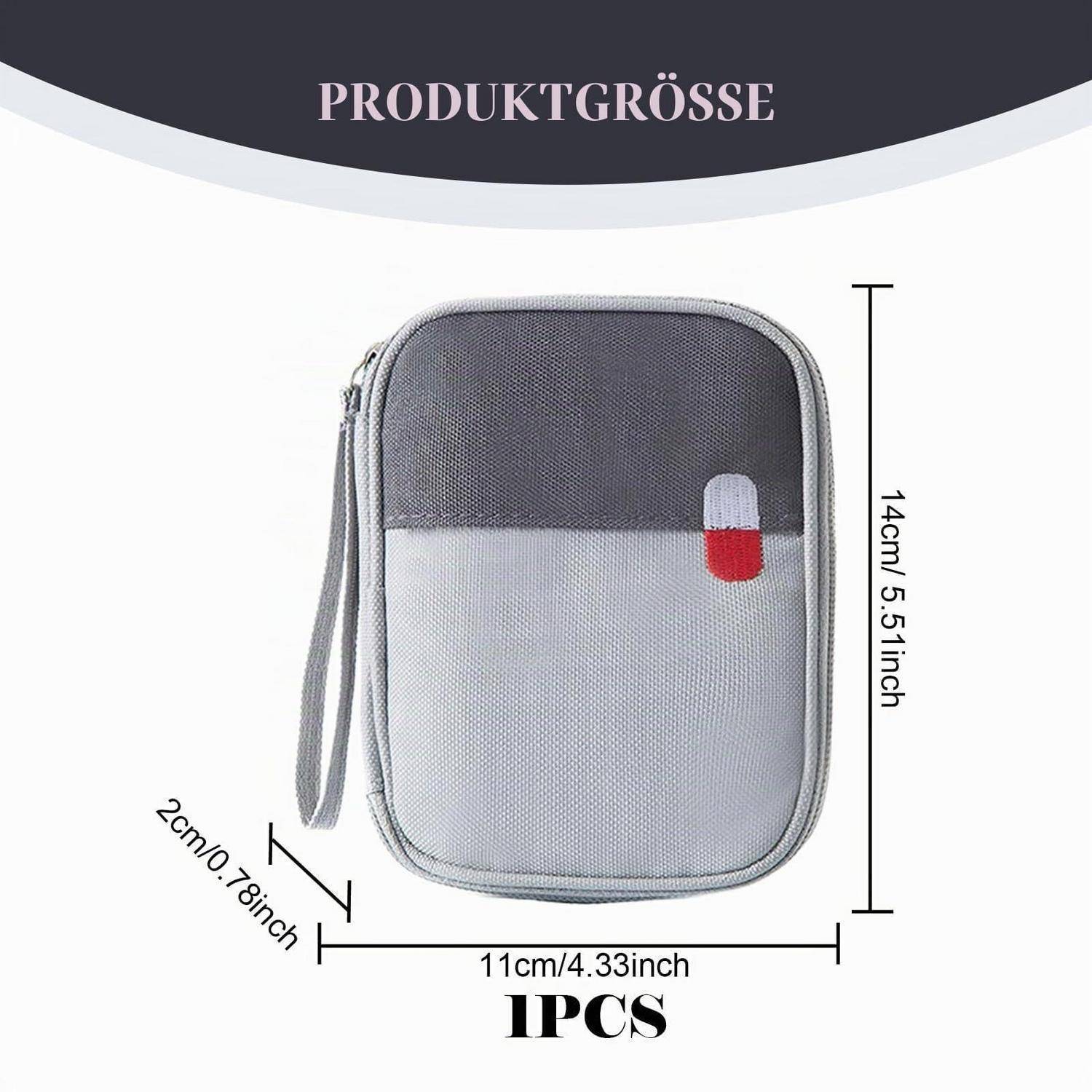 Produktgrößendiagramm einer kleinen Reißverschlusstasche mit Handgelenkschlaufe: 14 cm hoch, 11 cm breit, 2 cm tief; gekennzeichnet mit „1 STÜCK".