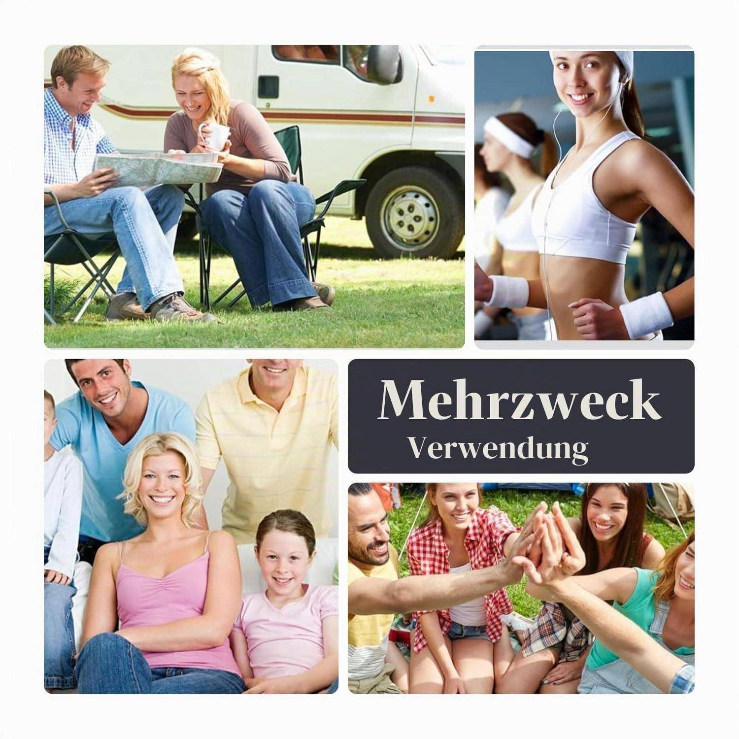 Collage von Menschen, die Freizeit- und Fitnessaktivitäten genießen, mit dem deutschen Text „Mehrzweck Verwendung" in der Mitte.