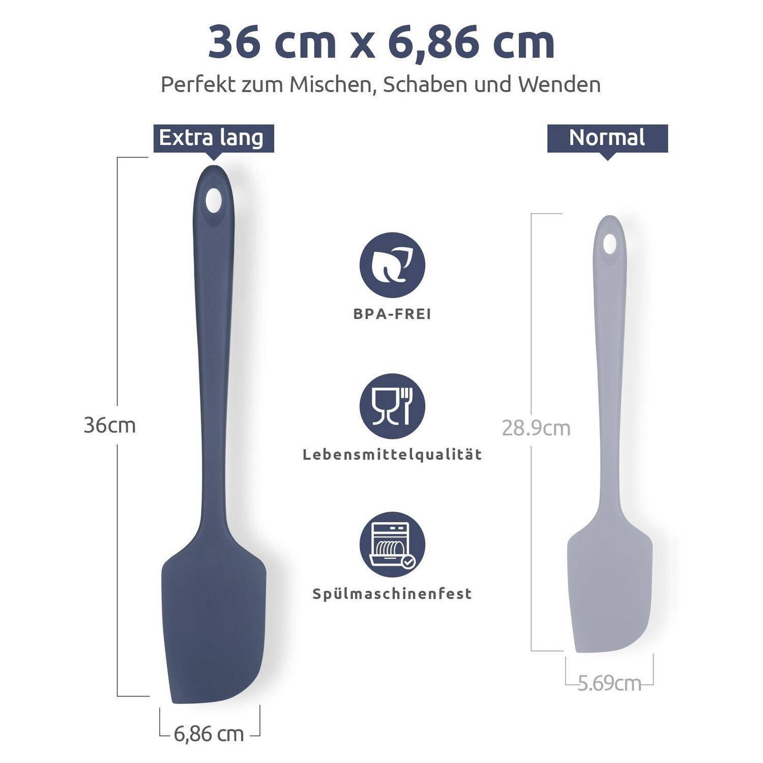 Produktvergleichsgrafik zweier Silikonspatel: „Extra lang