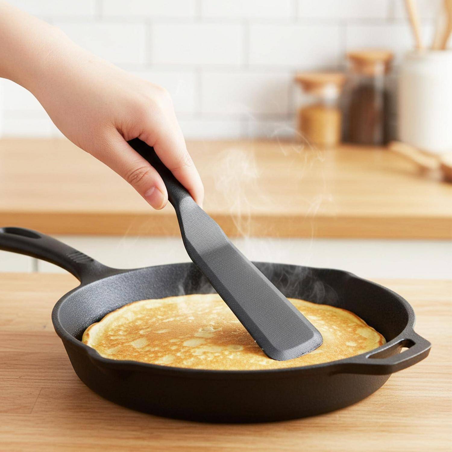 Eine Hand wirft einen Pancake in einer Pfanne auf einer Küchenarbeitsplatte um.