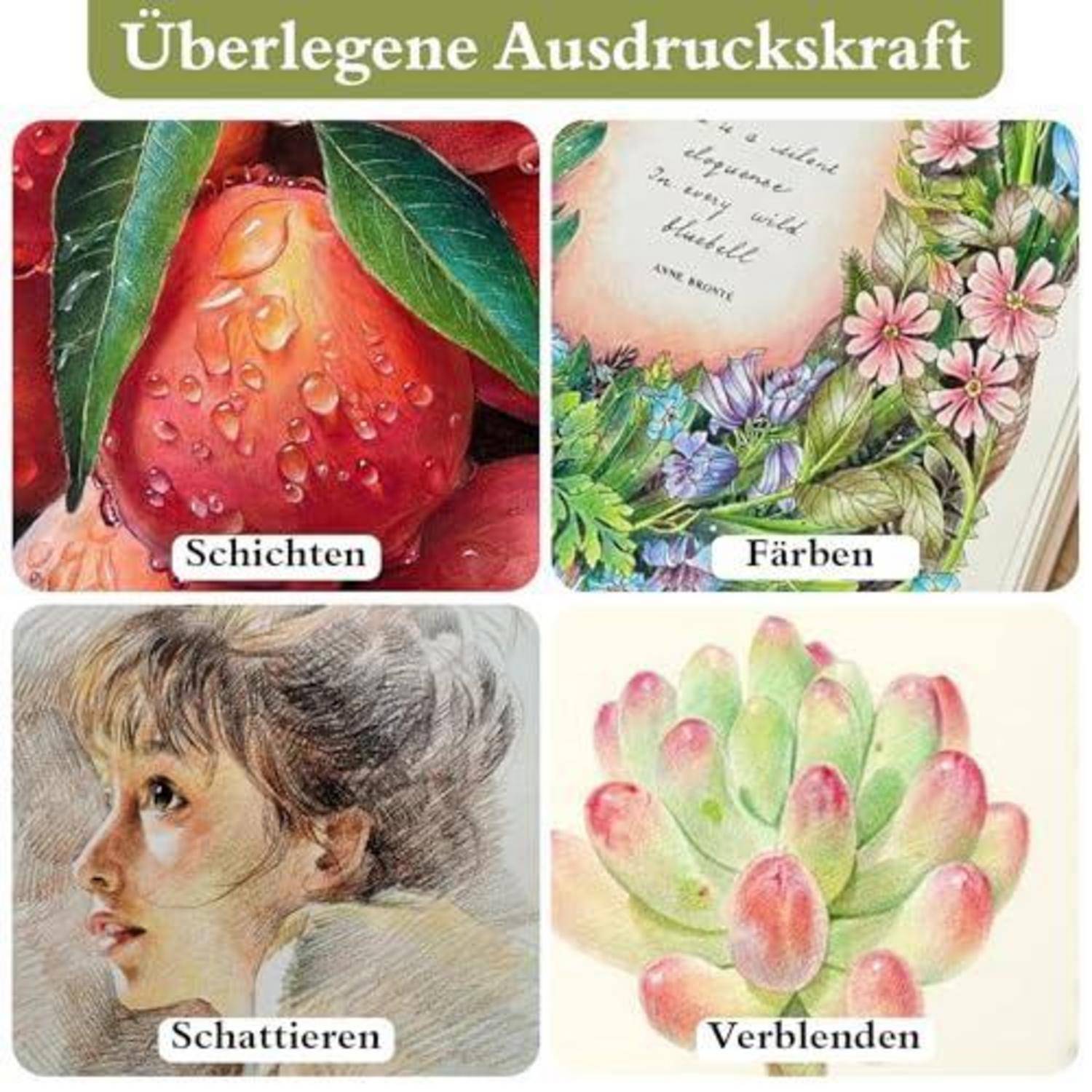 Vierpanel-Kunstbeispiele mit dem Titel „Überlegene Ausdruckskraft": Schichten, Farben, Schattierungen und Blending, dargestellt mit Obst, Blumen, einem Porträt und einer Sukkulente.