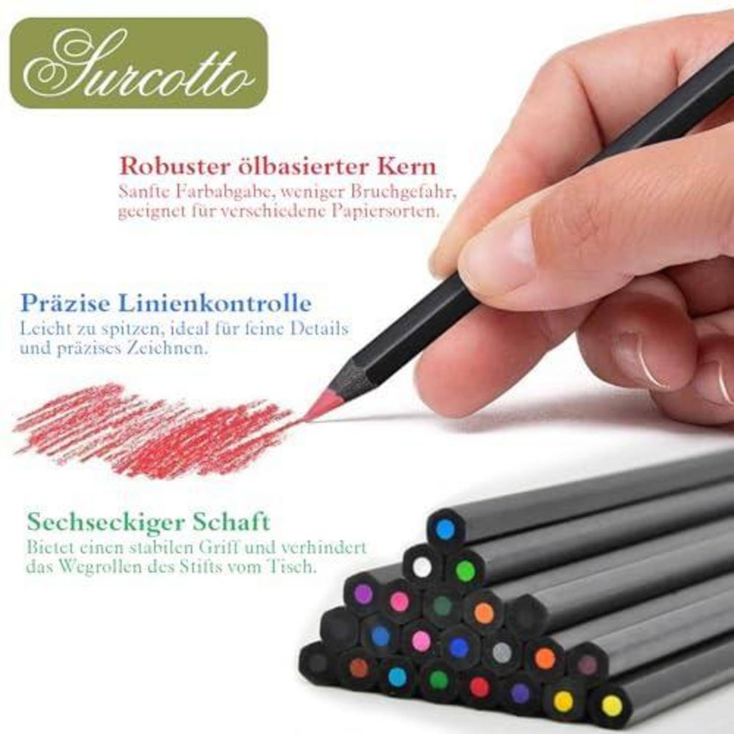 Hand hält einen schwarzen Surcotto-Bleistift und zeichnet rote Linien, mit deutschem Text, der einen ölbasierten Kern, präzise Linienführung und einen sechseckigen Schaft hervorhebt.