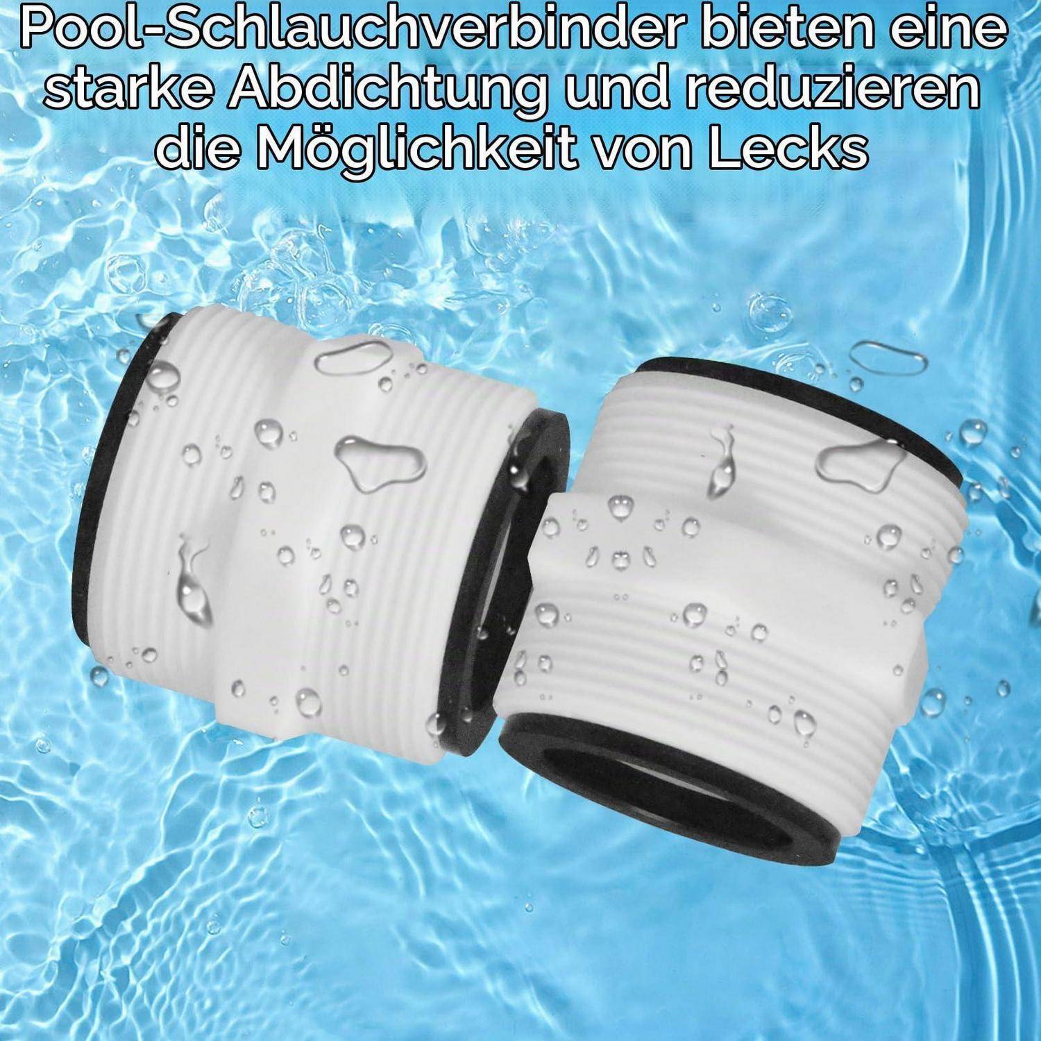 Zwei weiße Poolschlauchverbinder mit schwarzen Enden, die im Wasser schwimmen; der Text besagt, dass sie eine starke Abdichtung bieten und Lecks reduzieren.