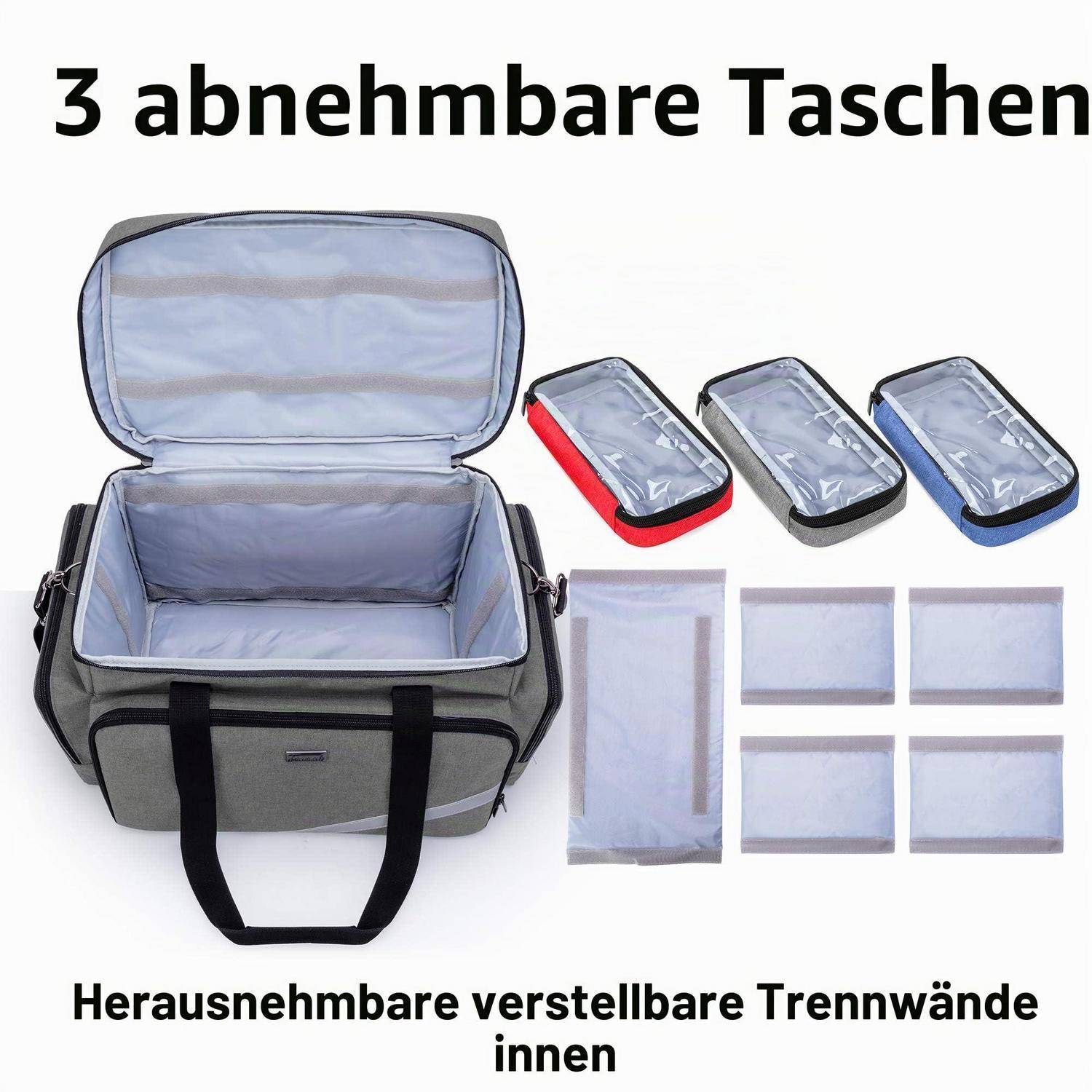 Isolierte graue Kühlertasche mit geöffnetem Deckel, die drei abnehmbare Reißverschlusstaschen und verstellbare innere Trennwände zeigt; der deutsche Text besagt "3 abnehmbare Taschen"" und ""Herausnehmbare verstellbare Trennwände innen"".