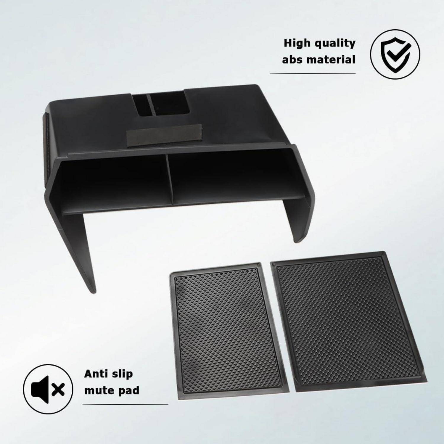 Organizer für Getränkehalter aus schwarzem Kunststoff mit zwei strukturierten rutschfesten/dämpfenden Pads, gekennzeichnet durch hochwertiges ABS-Material und rutschfestes dämpfendes Pad.