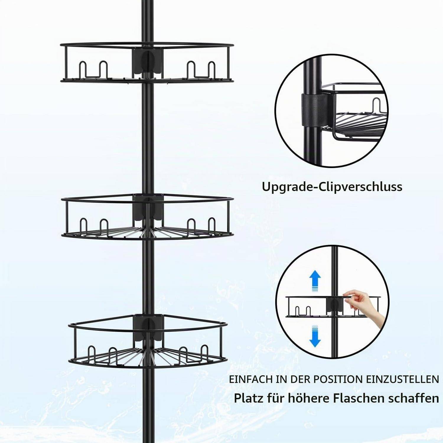 Diagramm einer vertikalen Stange mit drei verstellbaren Drahtregalen; Beschriftungen zeigen eine verbesserte Clipverschlussfassung und Höhenverstellung für höhere Flaschen.