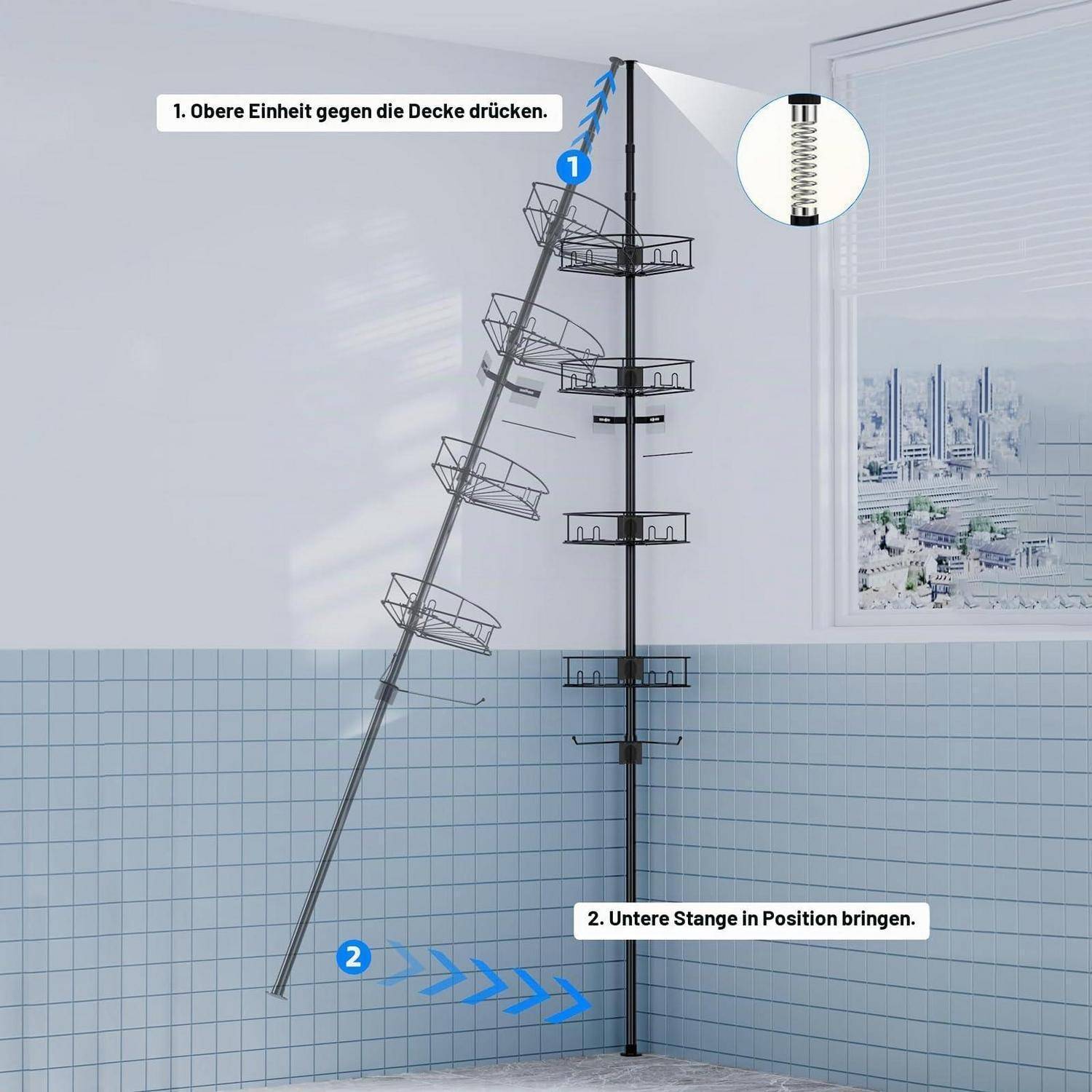 Installationsdiagramm eines ausziehbaren Eck-Duschregals: obere Einheit zur Decke drücken und untere Stange positionieren.