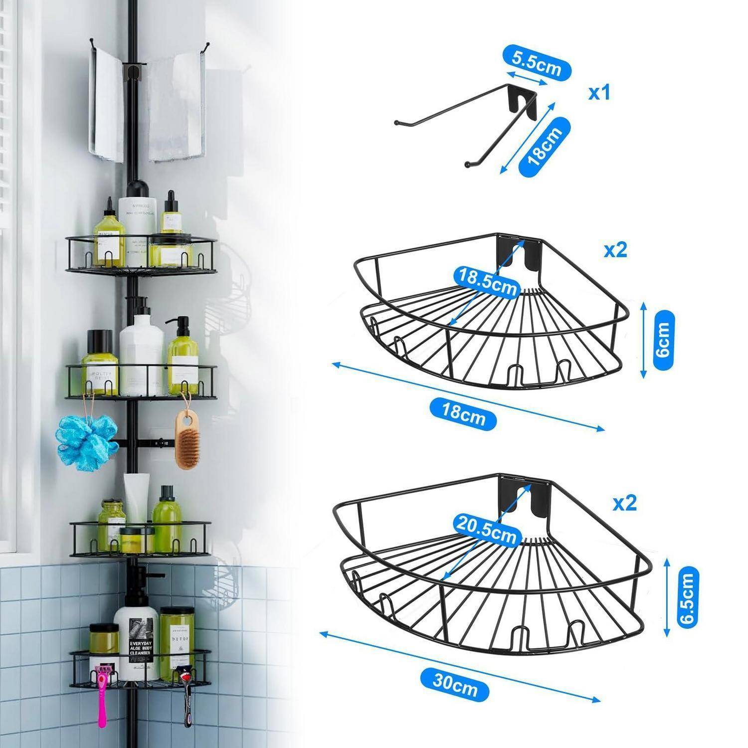 Eckduschkaddy mit vier gestuften Regalen und Haken sowie Installationsdiagramm mit Regalgrößen 18 cm und 30 cm und Wandbefestigungsdimensionen.
