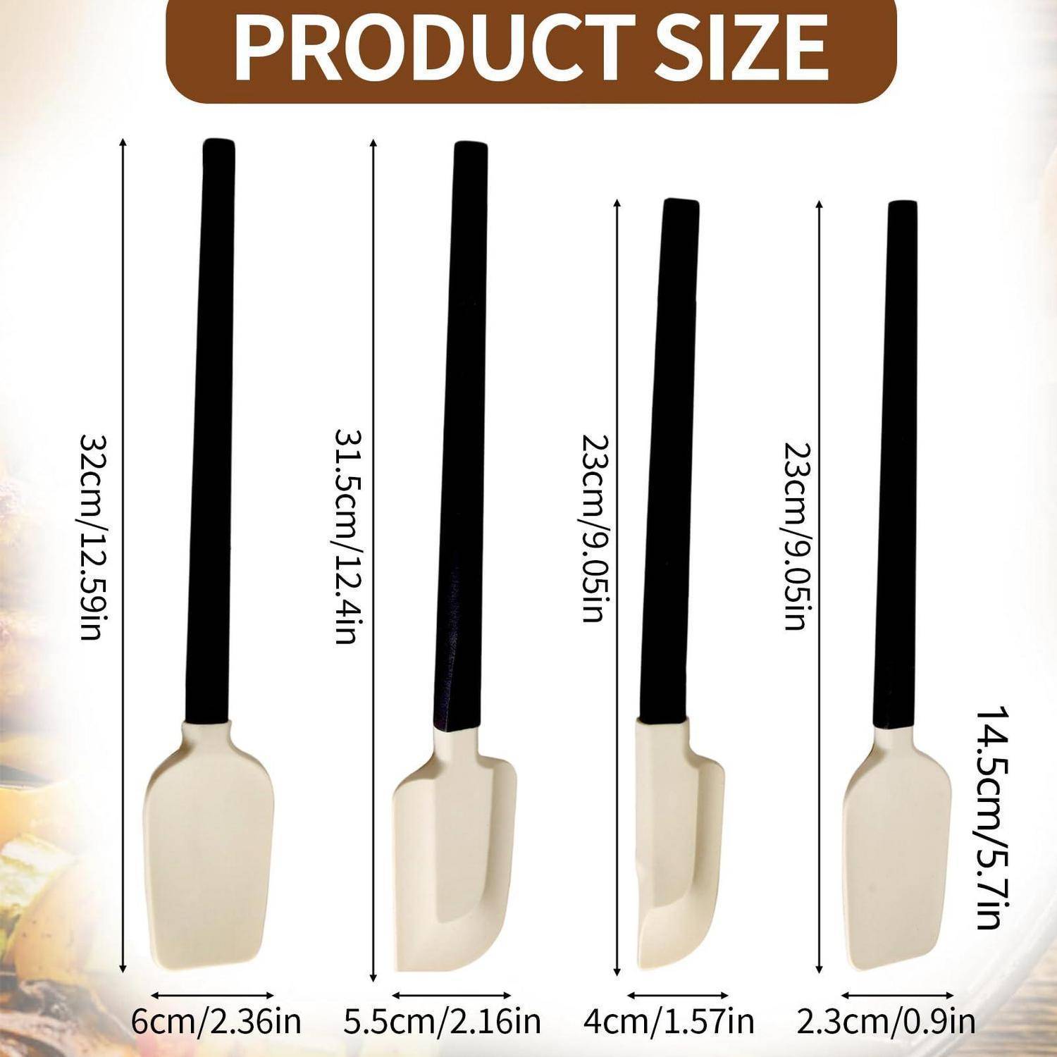 Produktgrößentabelle mit vier Spachteln/Löffeln mit Längen von 14,5 cm bis 32 cm und Breiten von 2,3 cm bis 6 cm.