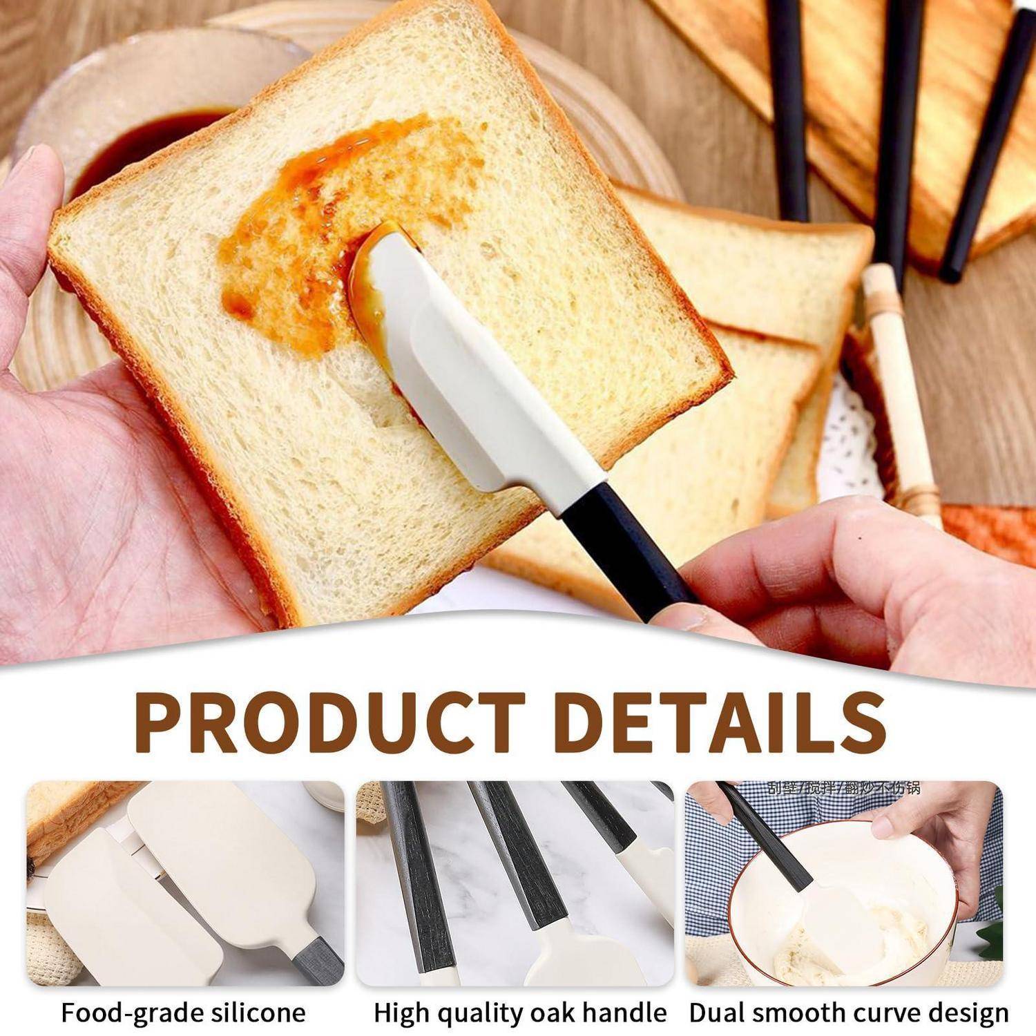 Produktdetailbild zeigt ein Silikon-Buttermesser, das Sauce auf Toast verteilt, mit Beschriftungen für lebensmittelechtes Silikon, hochwertigen Eichengriff und duales glattes Kurvendesign.