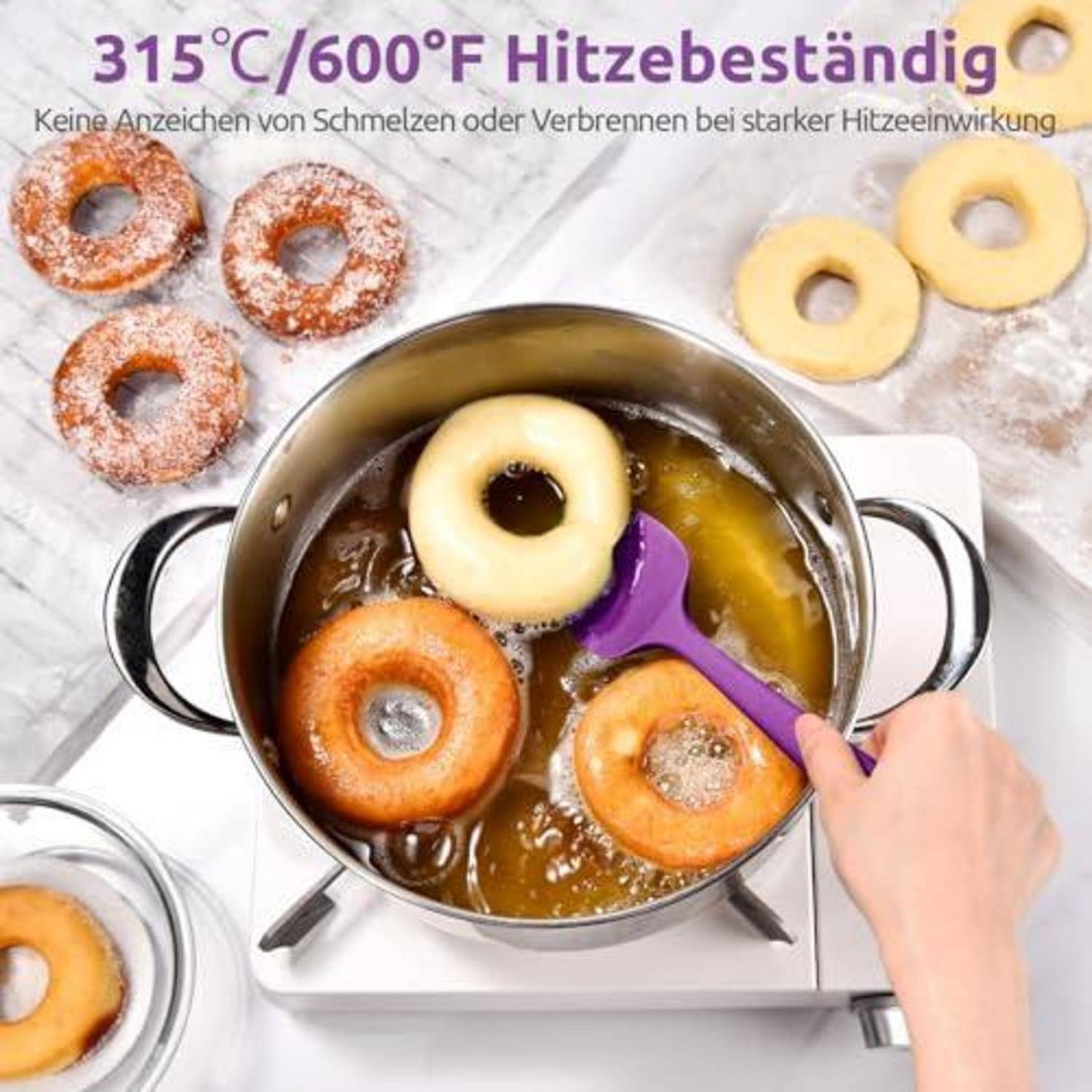 Deutsches Anzeigenplakat zeigt Donuts, die in einer Pfanne erhitzt werden; der Text besagt „Hitzebeständig bis 315°C/600°F