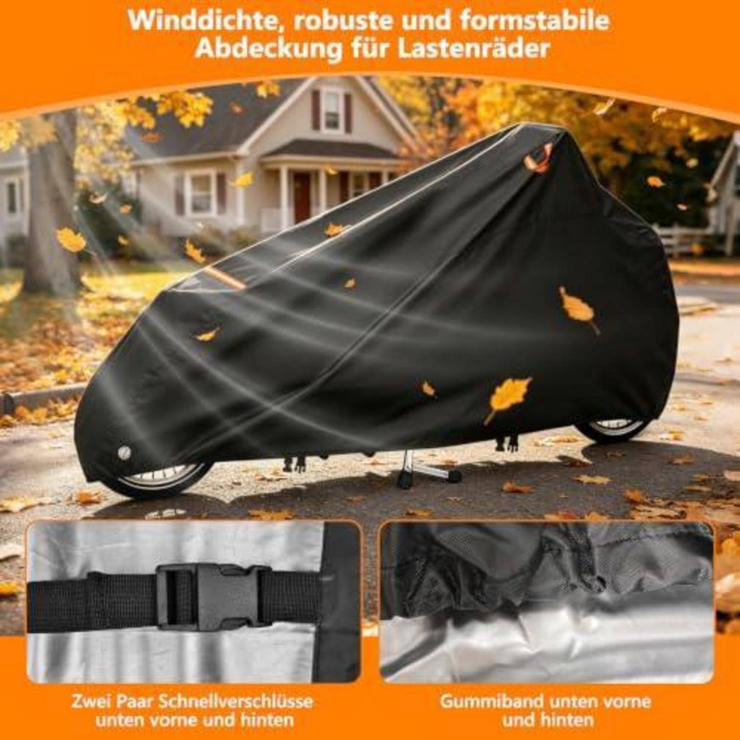 Schwarze winddichte Lastenradabdeckung in Gebrauch auf einem geparkten Longtail-Fahrrad, mit Nahaufnahmen der Quick-Release-Schnallen und einem elastischen vorderen Saum.