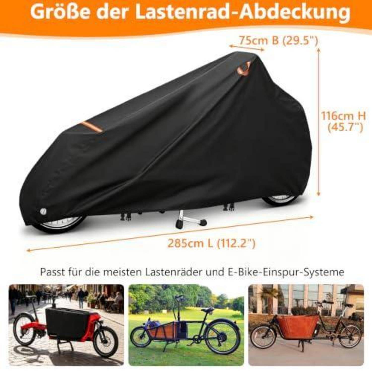 Schwarze Fahrradgarage für Lastenräder, die auf einem langen Lastenrad gezeigt wird, mit der Bezeichnung 285 cm lang, 75 cm breit und 116 cm hoch; der Text besagt, dass sie die meisten Lastenräder und E-Bike-Einschieber-Systeme passt.