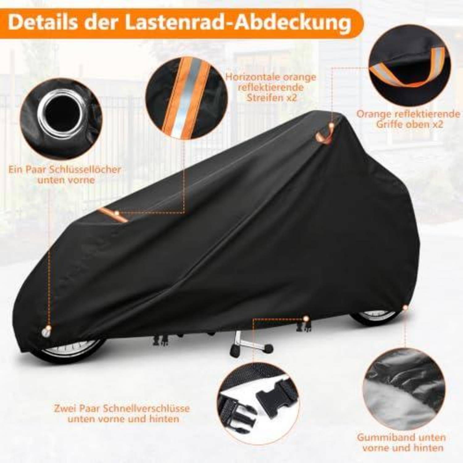 Abbildung einer Lastenrad-Abdeckung mit orangefarbenen Reflektionsstreifen, Griffgriffen, Schlüssellochöffnungen, Schnellverschlussspangen und einem elastischen Gummiband am unteren Rand; deutsche Beschriftungen zeigen die Funktionen.
