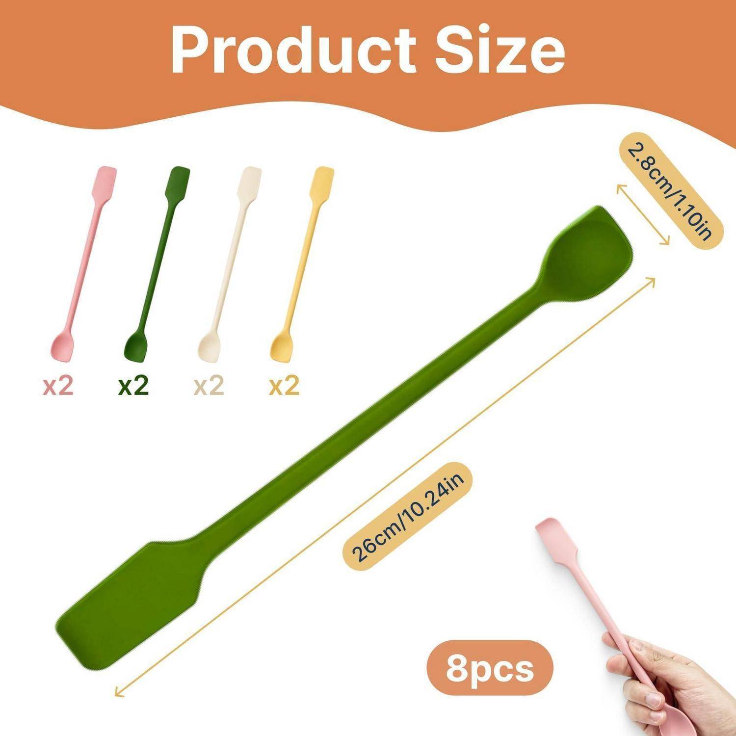 Größentabelle des Produkts zeigt ein 8-teiliges Set aus beidseitig verwendbaren Silikon-Spachteln in vier Farben, wobei der große Spachtel mit 26 cm/10,24 Zoll gekennzeichnet ist und der Kopf 2,8 cm/1,10 Zoll misst.