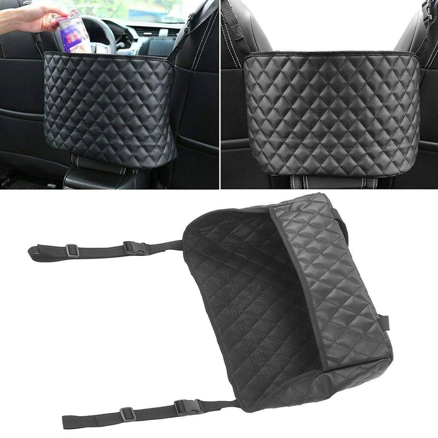 Gesteppte schwarze Autositzorganizer-Tasche, die an einer Sitzlehne hängt, sowohl installiert als auch als Produkt auf weißem Hintergrund dargestellt.