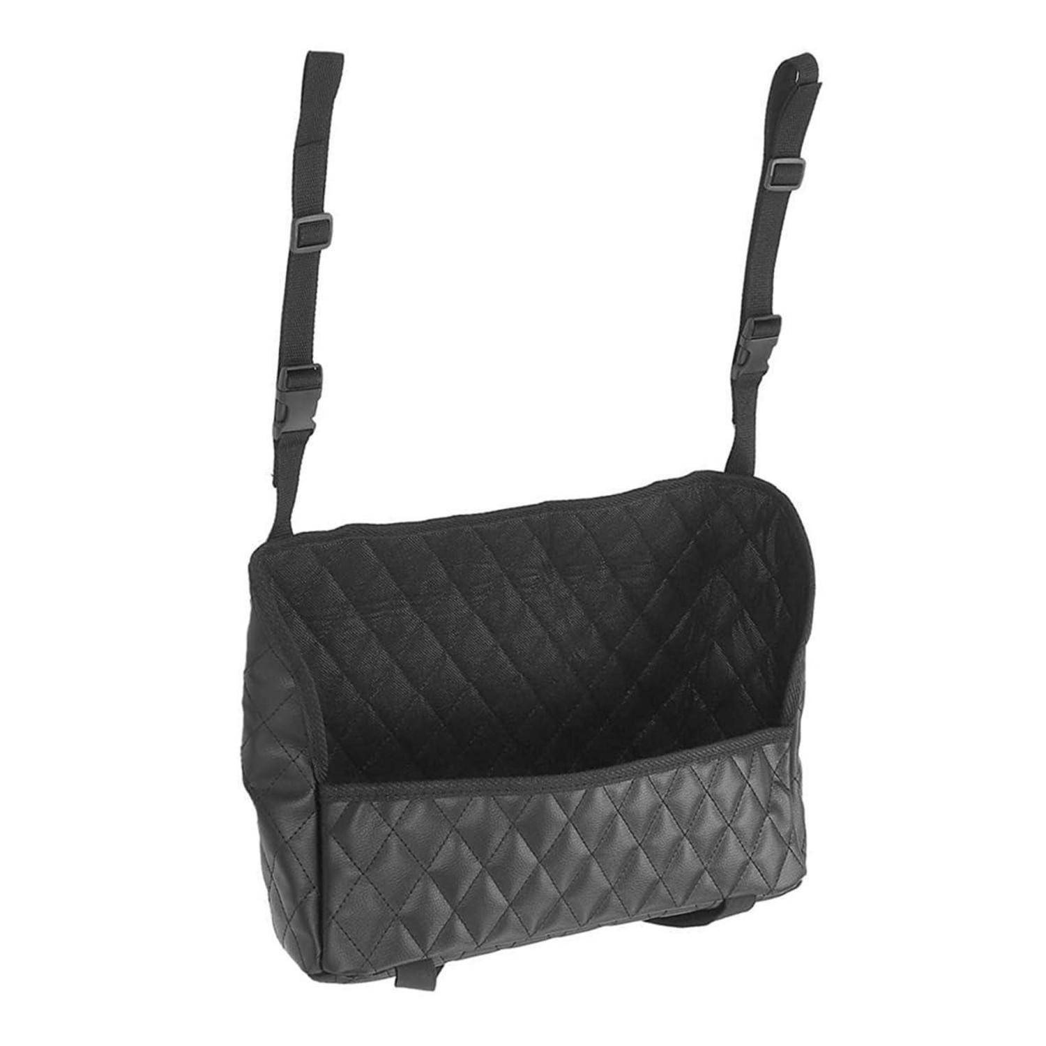 Schwarze gesteppte Rücksitzorganizer-Tasche mit zwei verstellbaren Riemen und einer vorderen Tasche, gezeigt auf weißem Hintergrund.