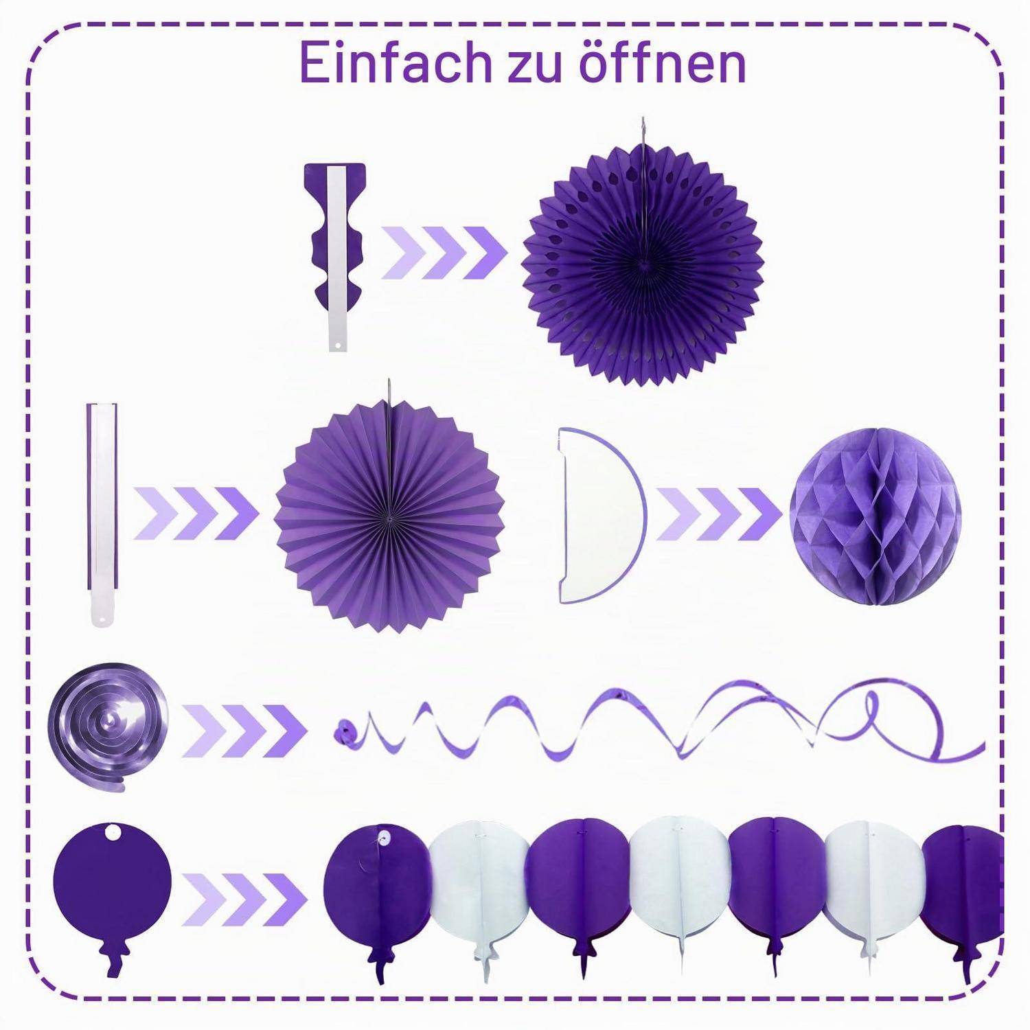 Anleitungsgrafik mit dem Titel "Einfach zu öffnen"" zeigt, wie man violette Papierdekoration öffnet: Laschen ziehen, Rosetten und Fächer entfalten sowie ballonartige Kugeln und hängende Scheiben auseinanderziehen.