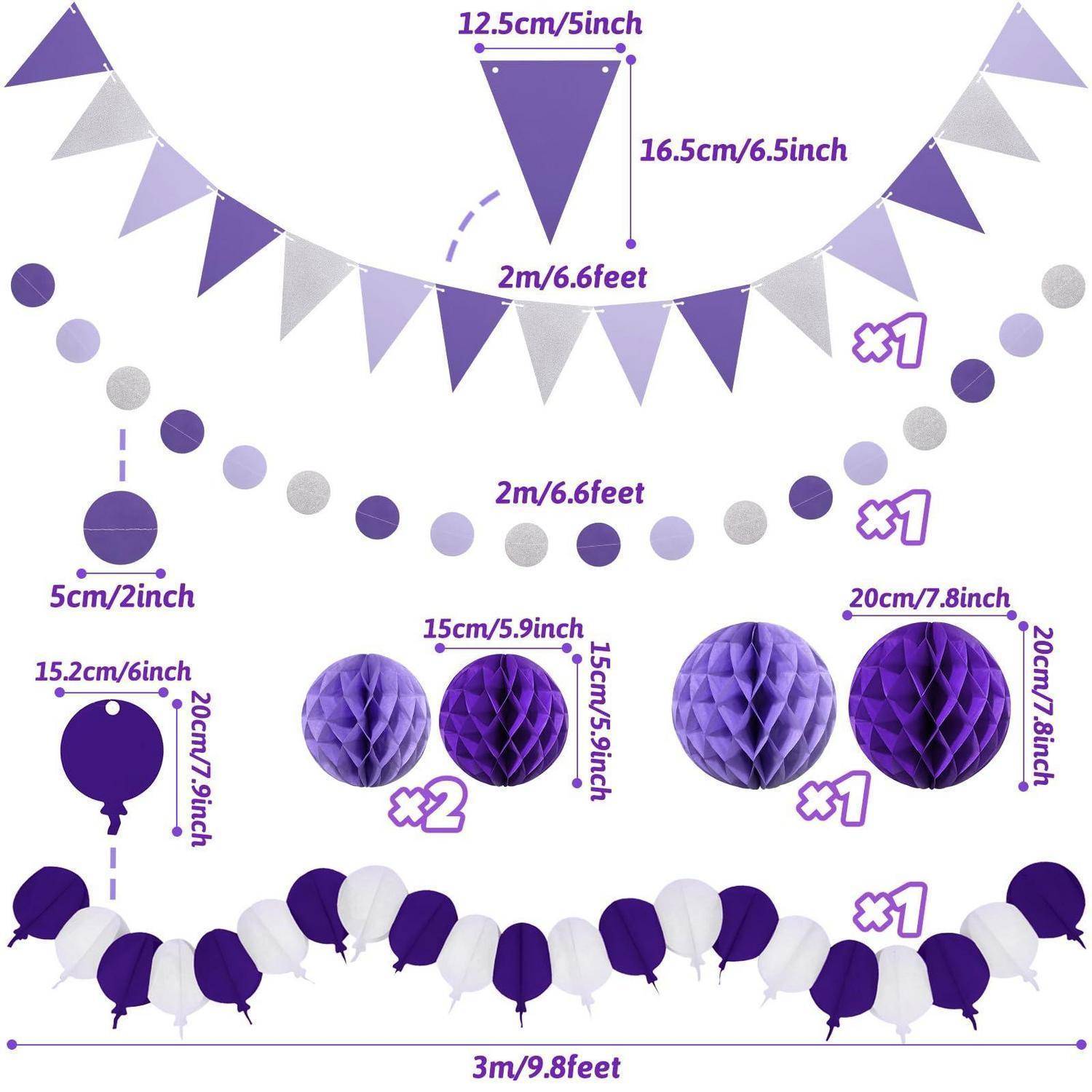 Lila und silberne Partydekoration: Wimpelketten, Pompom-Girlanden und Luftballons mit Größen und Längen in Zentimetern und Fuß gekennzeichnet.