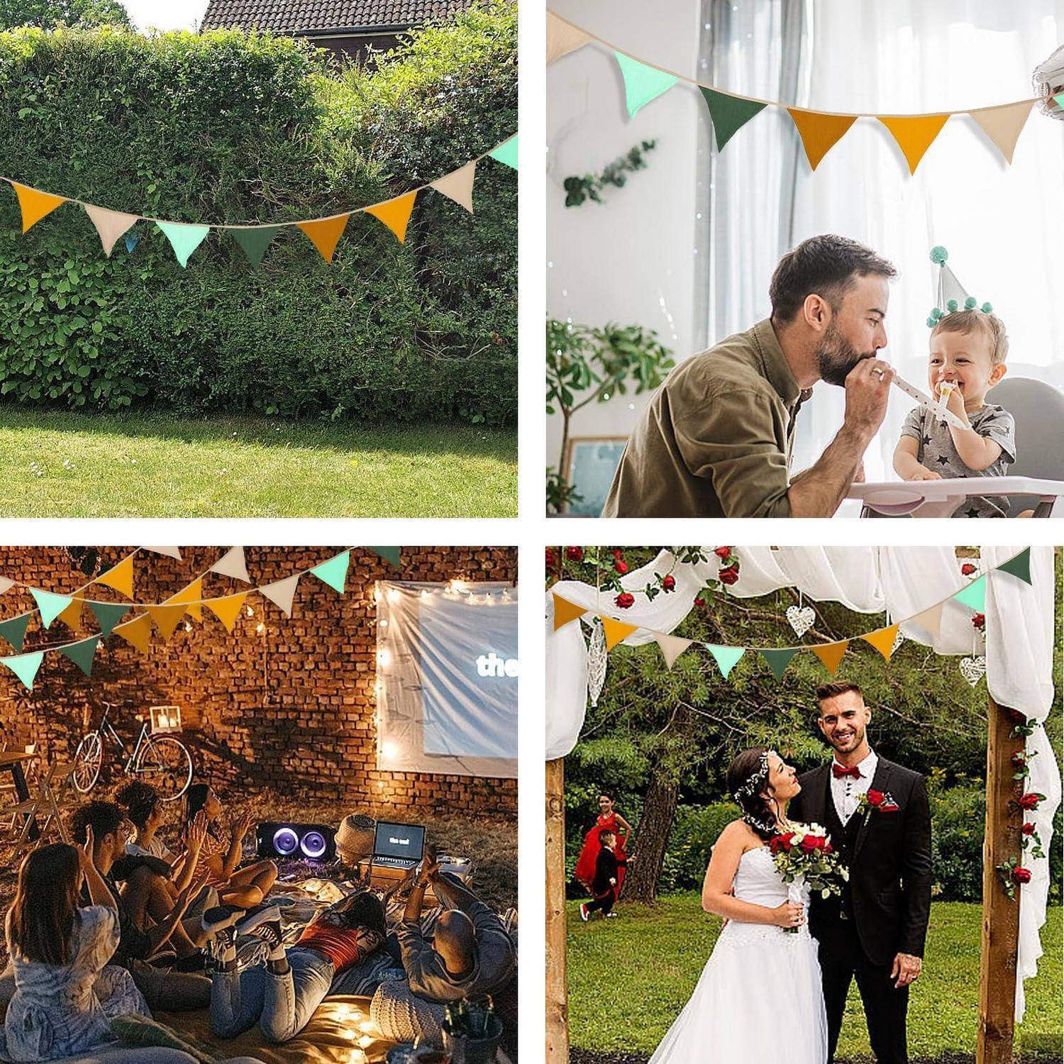 Collage aus farbenfrohem Wimpelketten auf einer Gartenparty, Familienspielzeit, Filmabend im Freien und einem Ehepaar unter dekorierten weißen Tüchern.
