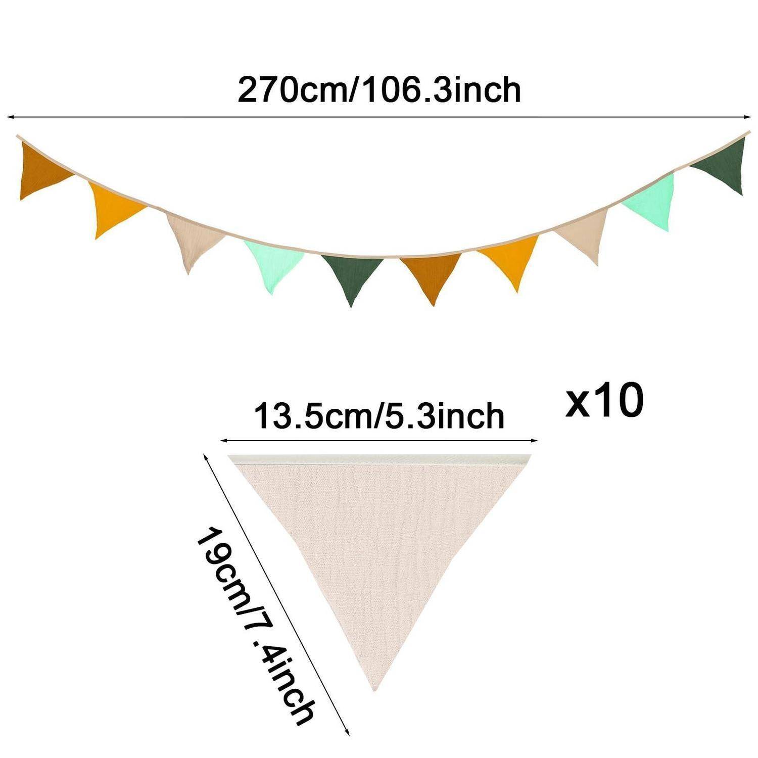Abbildung einer 10-teiligen dreieckigen Wimpelgirlande in gedeckten Farben, 270 cm lang, wobei jedes Wimpel 13,5 cm breit und 19 cm lang misst.