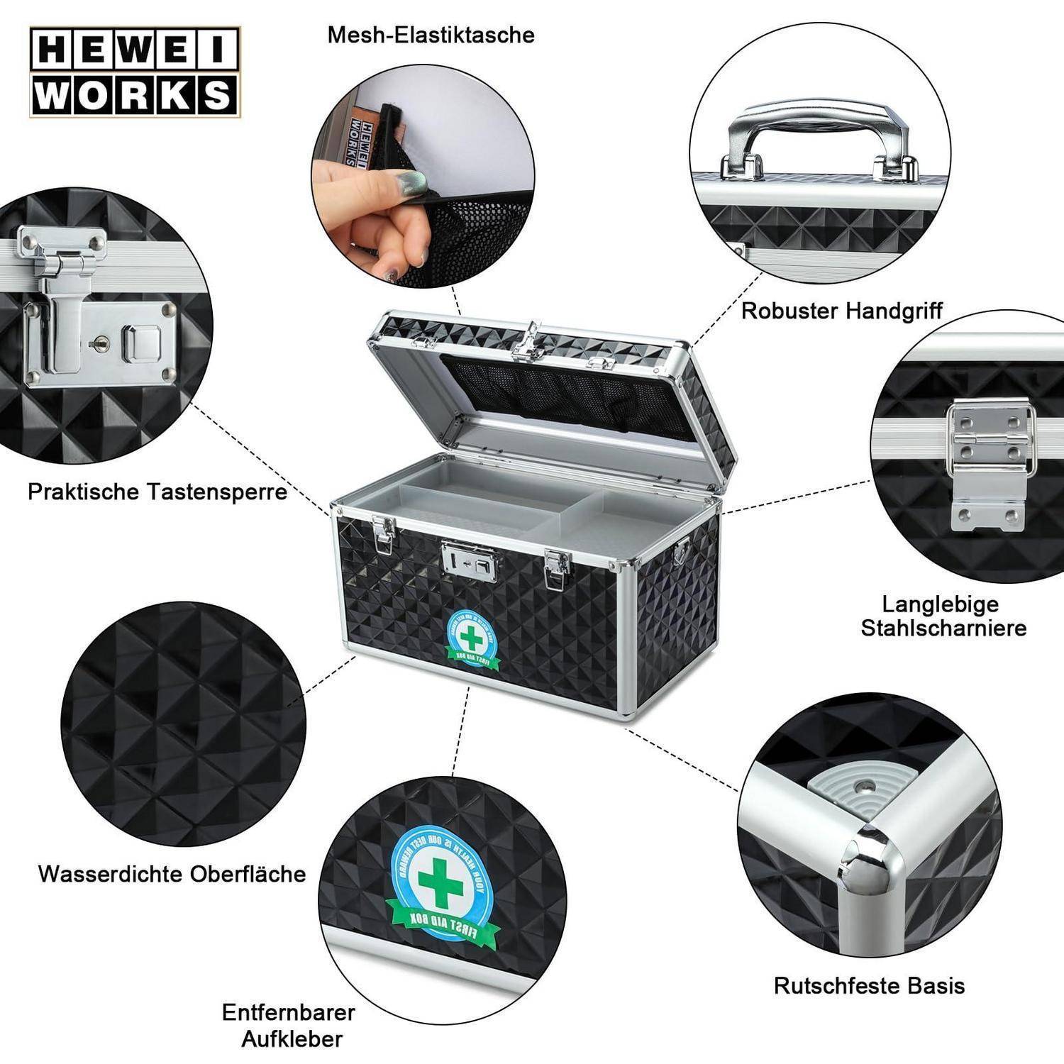 Infografik einer HEWEI WORKS Mesh-Lagertruhe mit den Hauptmerkmalen: praktisches Schloss mit Schlüssel, elastische Mesh-Tasche, robuster Griff, langlebige Stahlscharniere, wasserdichte Oberfläche, abnehmbarer Aufkleber und rutschfeste Basis.