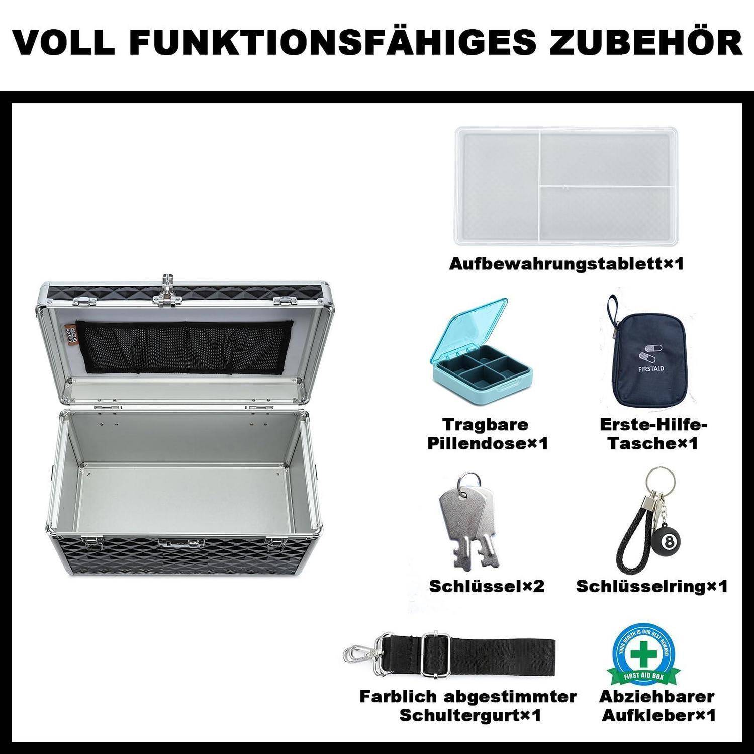 Infografik mit den im Lieferumfang enthaltenen Zubehörteilen für ein Etui: Aufbewahrungsfach, tragbarer Pillendosenhalter, Erste-Hilfe-Tasche, 2 Schlüssel, Schlüsselring, passender Schultergurt und abnehmbarer Aufkleber.