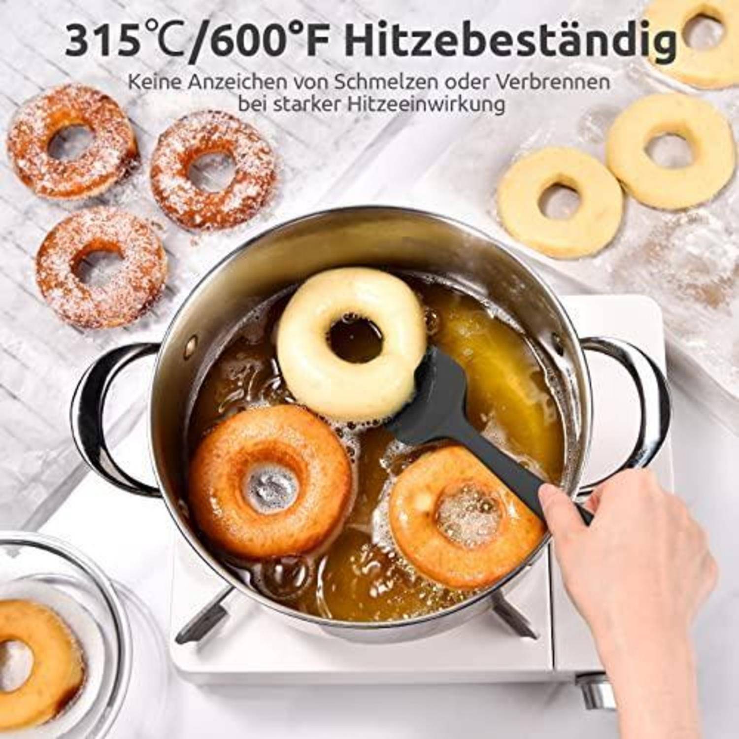 Luftaufnahme von Donuts, die in einem Topf auf einem Kochfeld frittiert werden, mit deutschem Text, der Hitzebeständigkeit bis 315°C/600°F und kein Rauchen oder Verbrennen beansprucht.