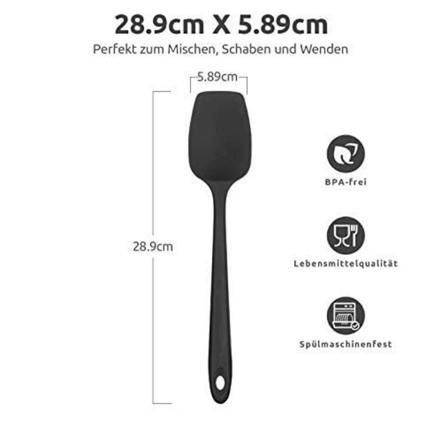 Schwarzer Silikonspatel mit Abmessungen von 28,9 cm x 5,89 cm; gekennzeichnet als BPA-frei, lebensmittelsicher und spülmaschinenfest.