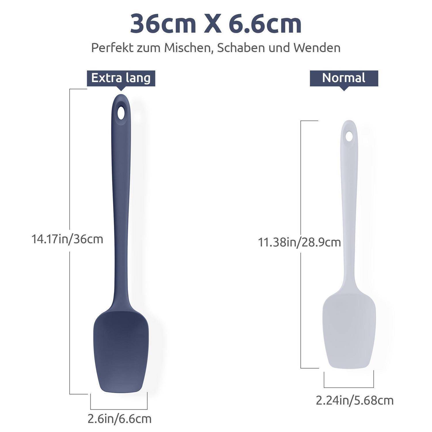 Vergleichsgrafik von zwei Spachteln, die Größen zeigt: extra lang 36 cm mal 6,6 cm und normal 28,9 cm mal 5,68 cm, zum Mischen, Kratzen und Wenden.